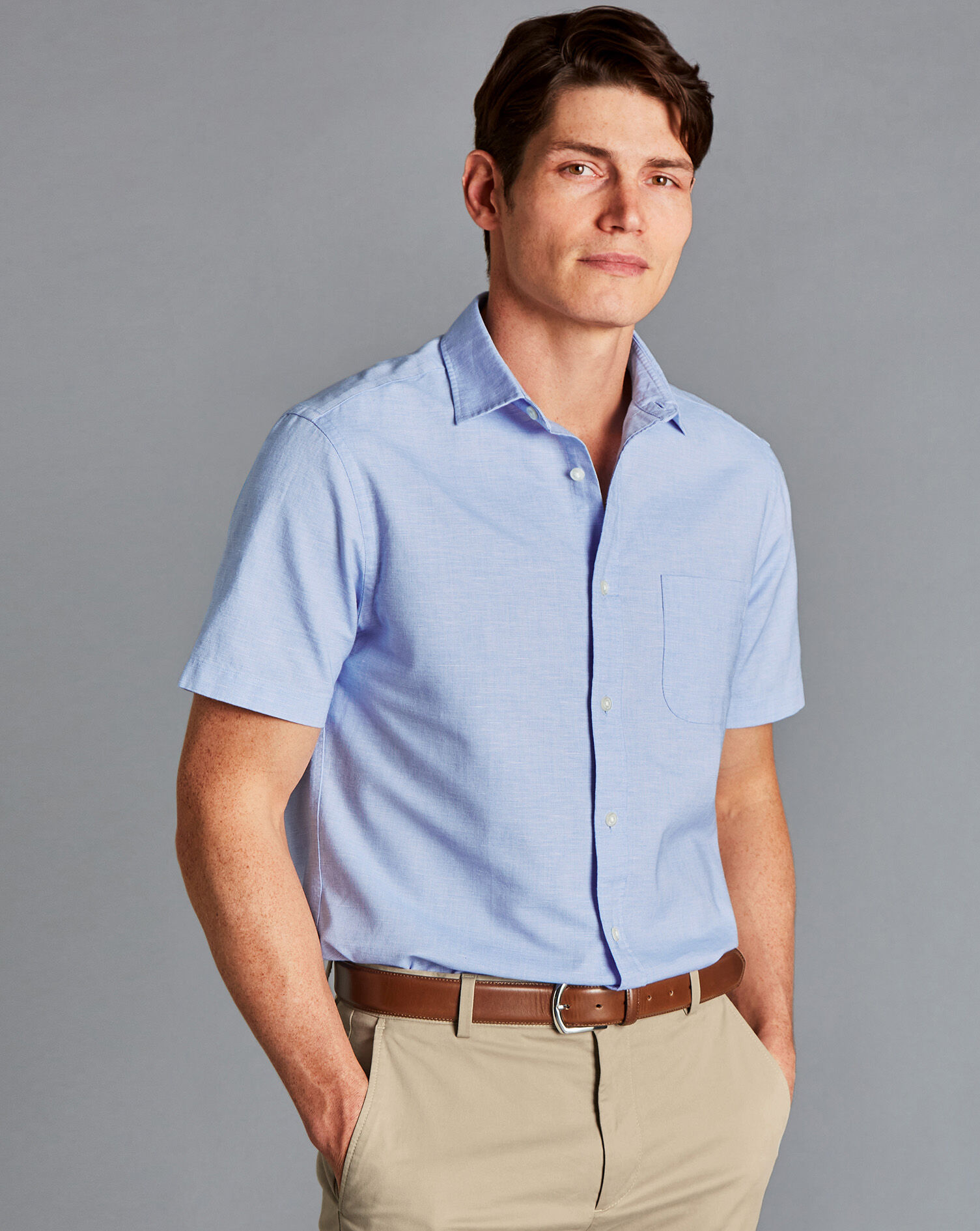Charles Tyrwhitt Cotton Linen Oxford Short Sleeve Shirt - Cornflower Blue
