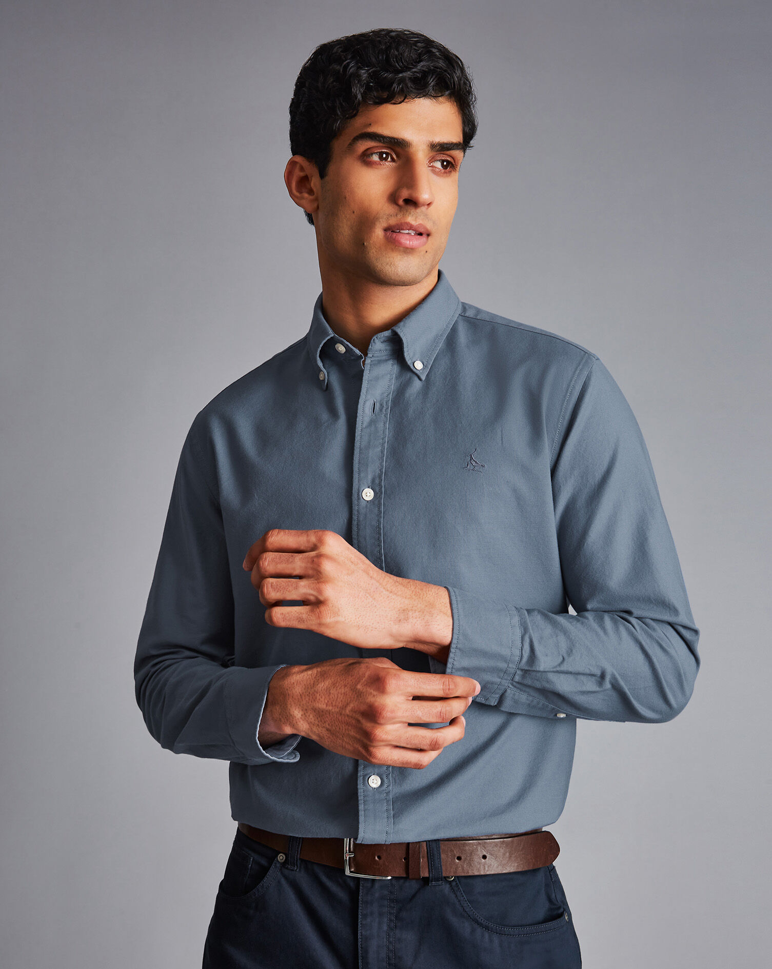 Charles Tyrwhitt Button-Down Collar Washed Oxford Shirt - Mid Grey