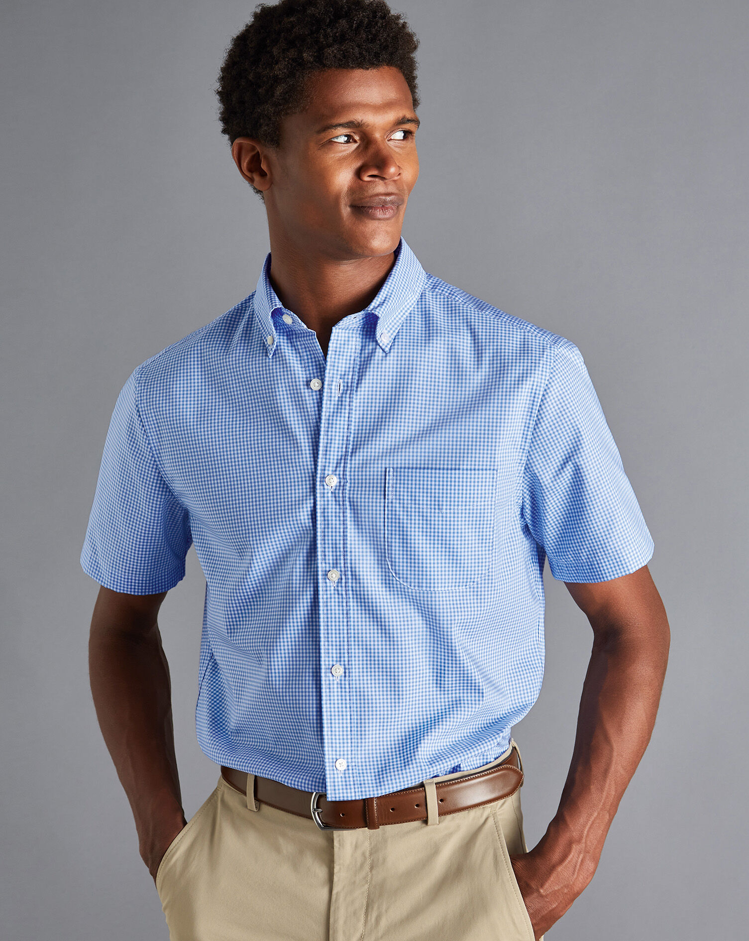 Charles Tyrwhitt Button-Down Collar Non-Iron Stretch Mini Gingham Short Sleeve Shirt - Ocean Blue