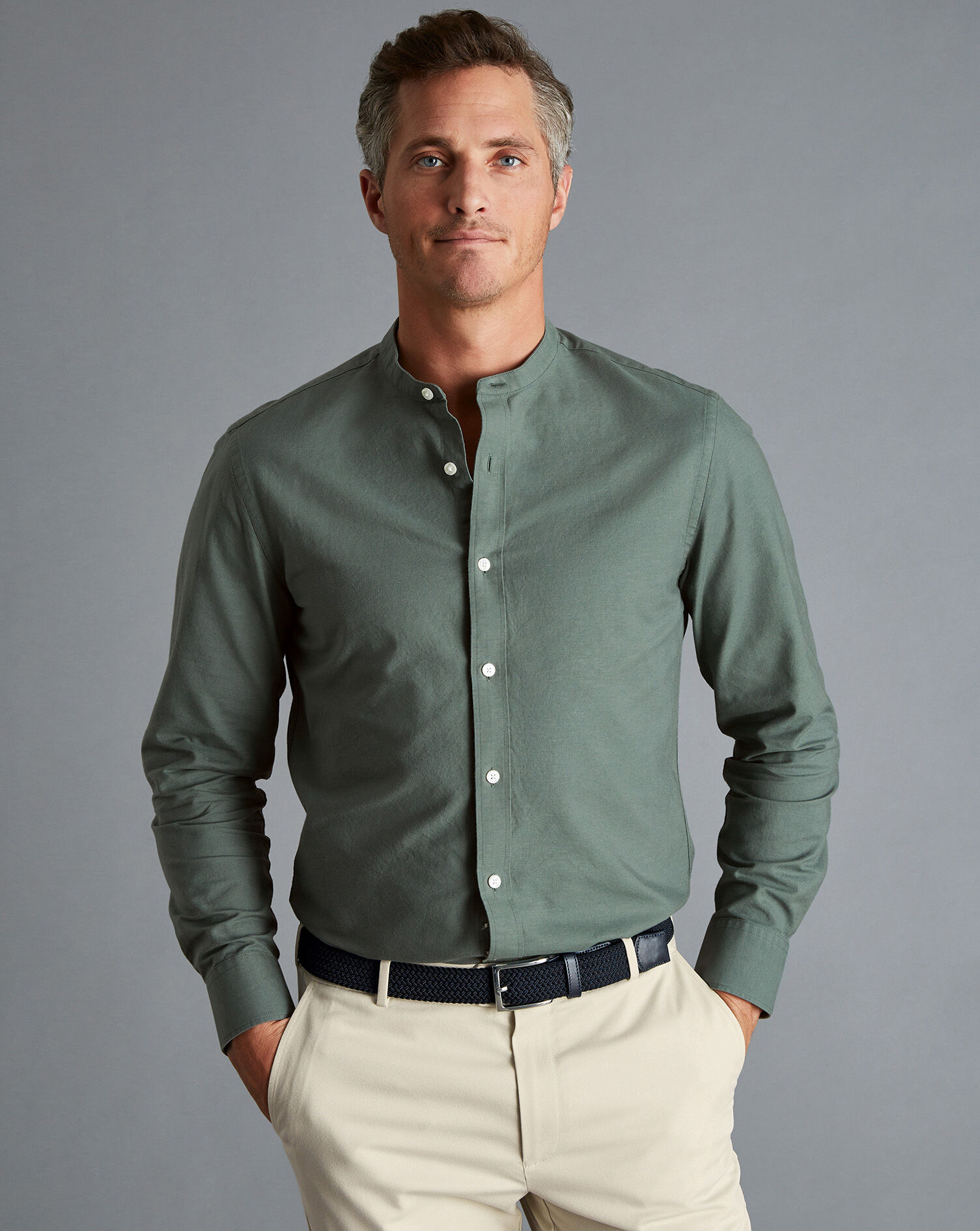 Charles Tyrwhitt Collarless Cotton Linen Shirt - Olive Green
