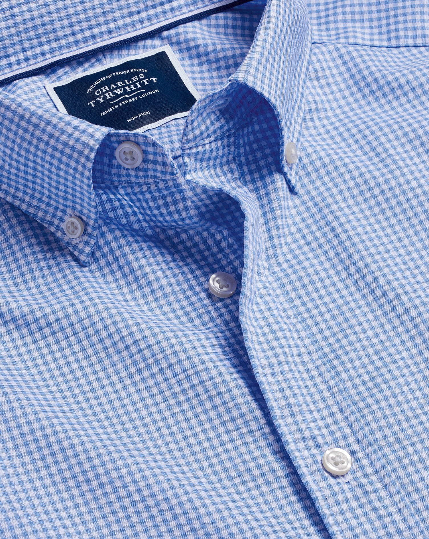 Charles Tyrwhitt Button-Down Collar Non-Iron Stretch Mini Gingham Short Sleeve Shirt - Ocean Blue