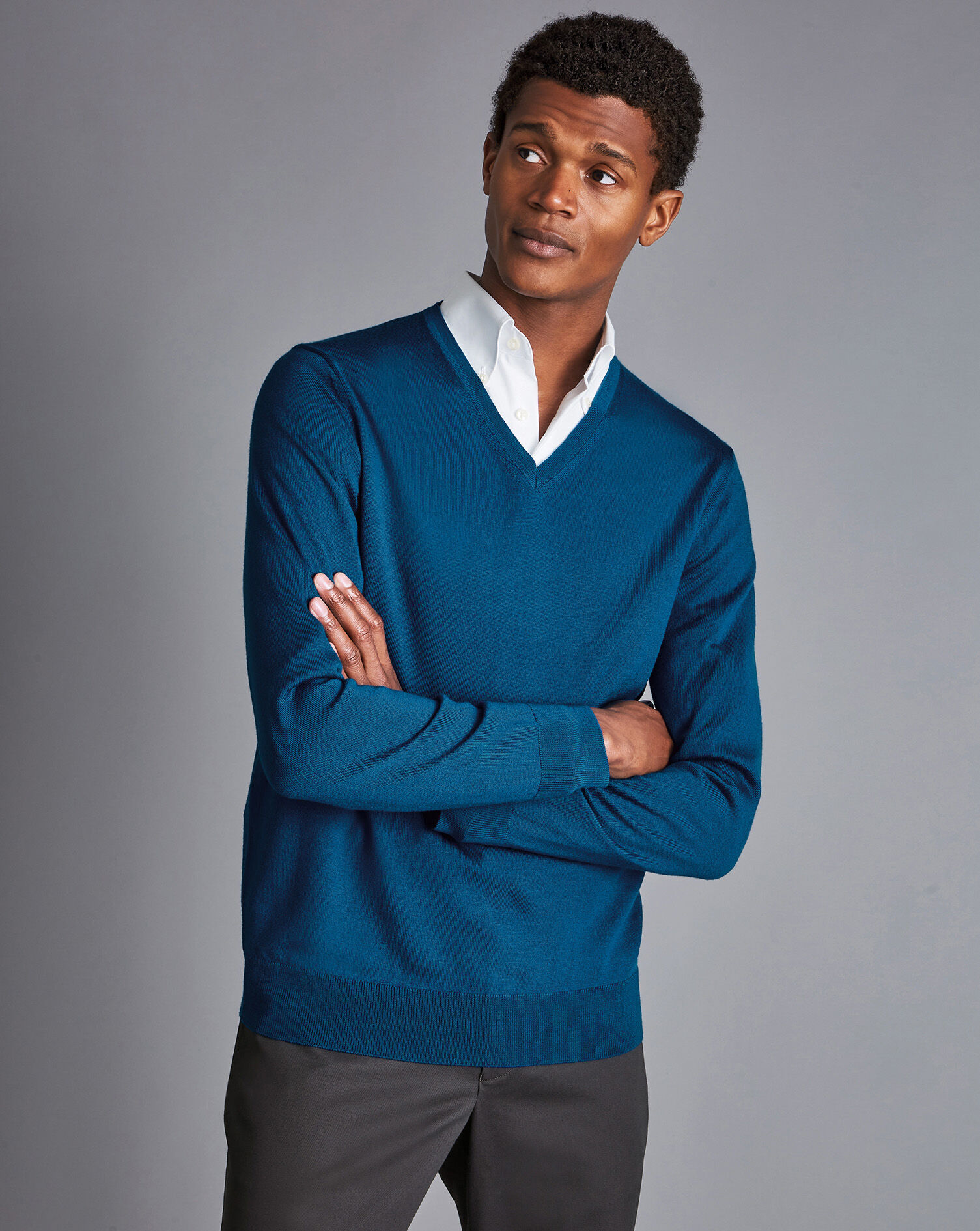 Charles Tyrwhitt Merino V-Neck Sweater - Petrol Blue
