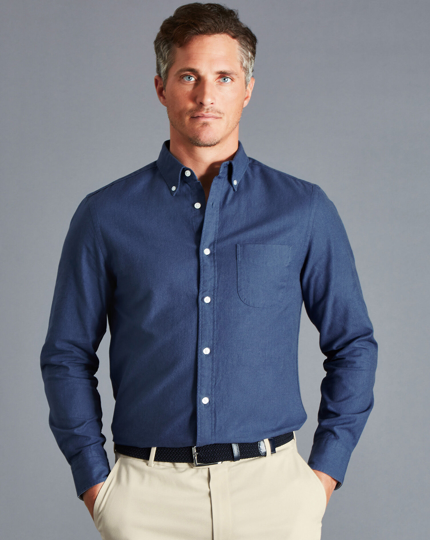 Charles Tyrwhitt Button-Down Collar Washed Oxford Shirt with Pocket - Dark Blue Melange