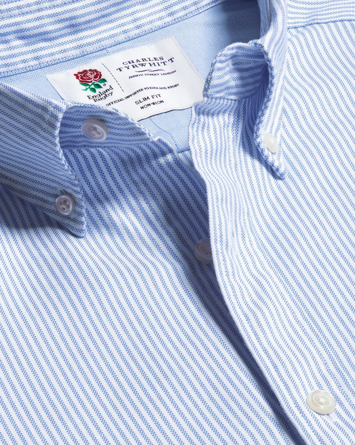Charles Tyrwhitt England Rugby Button-Down Collar Washed Oxford Stripe Shirt - Blue & White