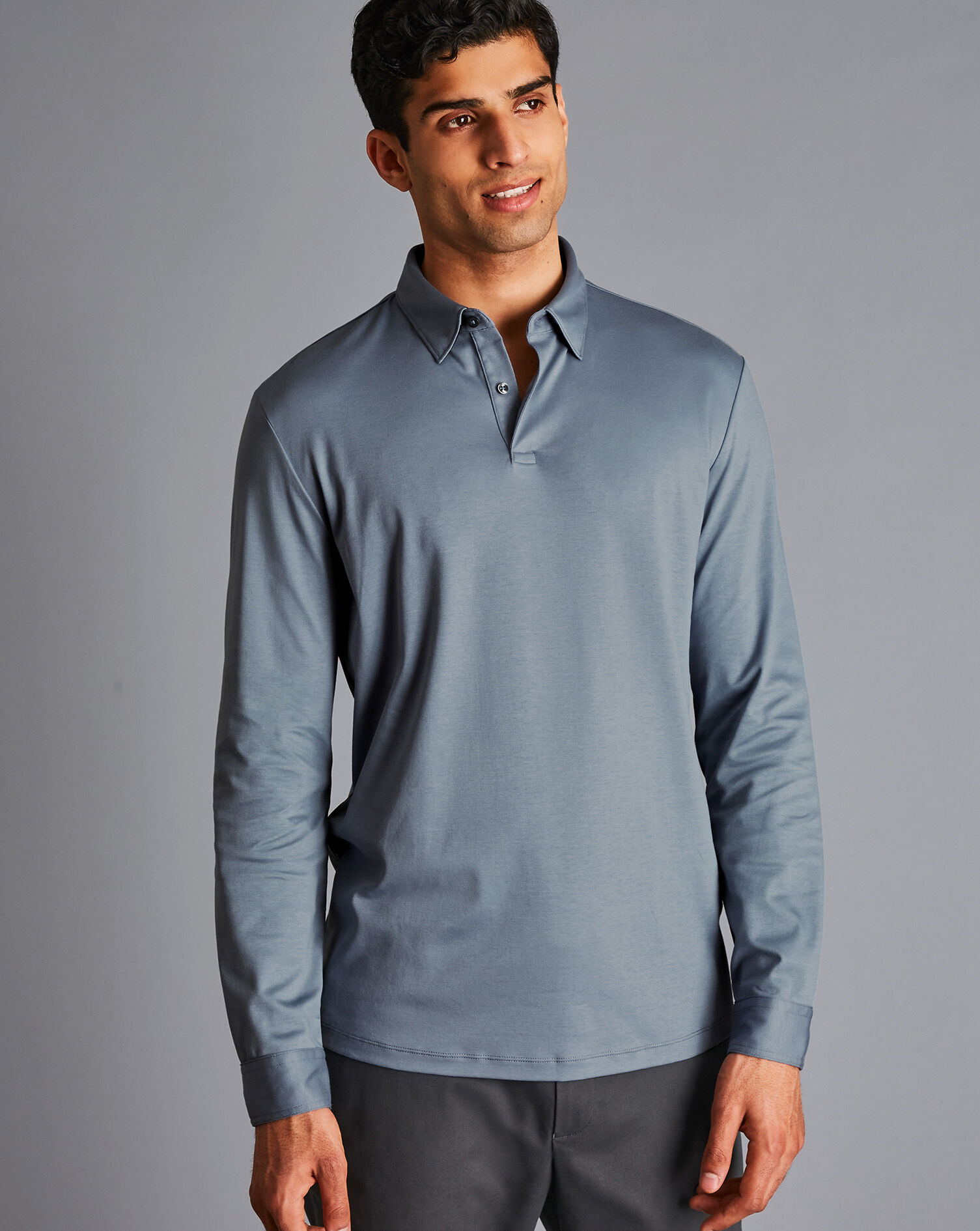 Charles Tyrwhitt Smart Long Sleeve Jersey Polo - Steel Blue