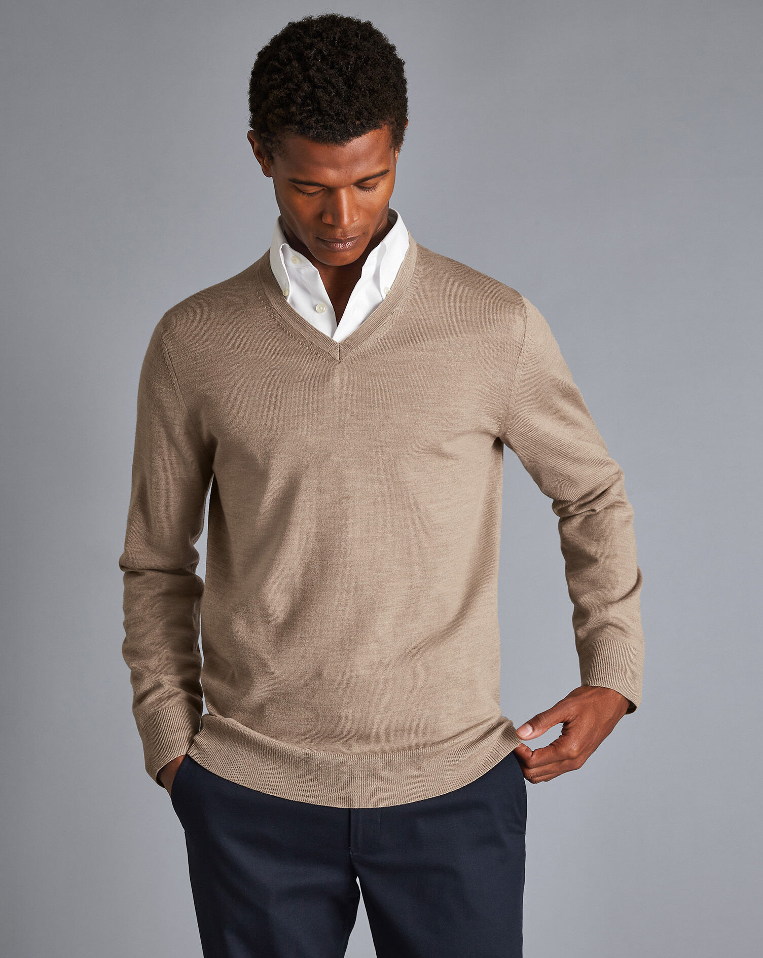 Charles Tyrwhitt Merino V-Neck Sweater - Oatmeal