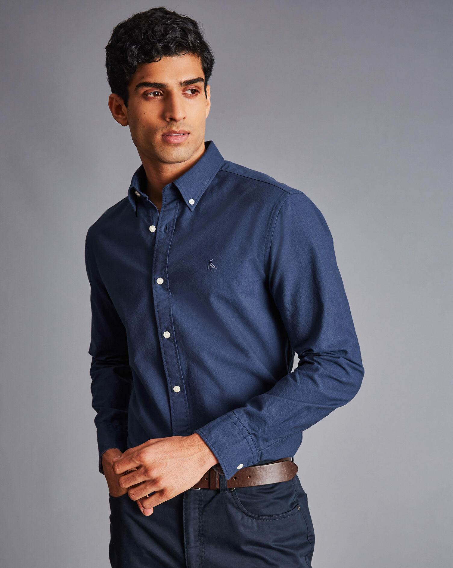 Charles Tyrwhitt Button-Down Collar Washed Oxford Shirt - Dark Blue Melange