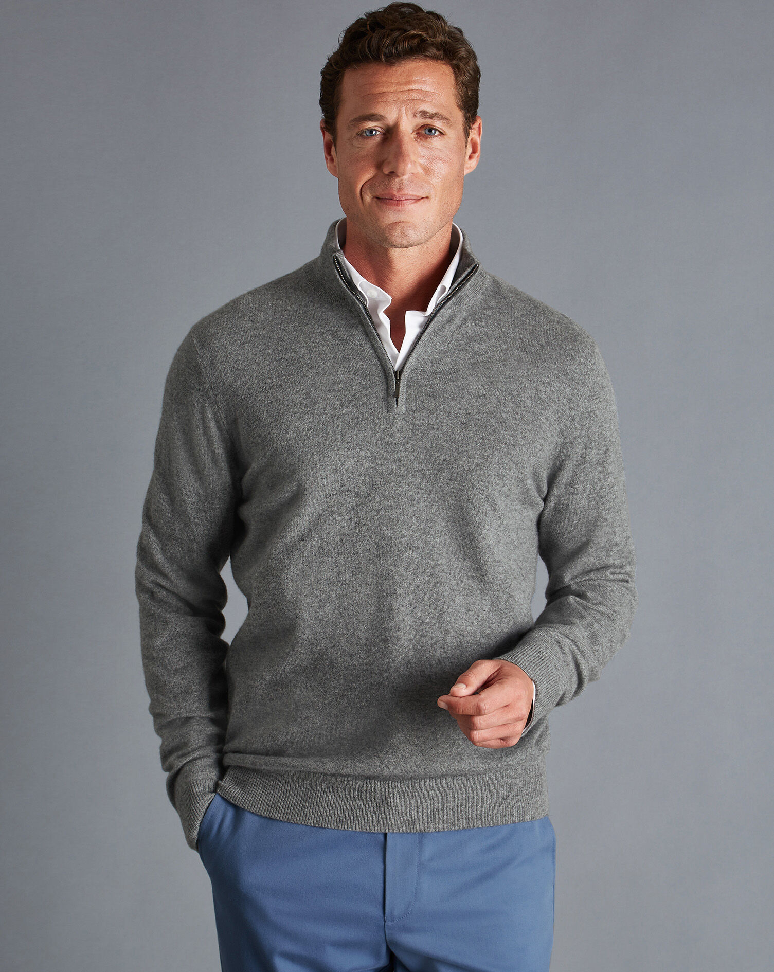 Charles Tyrwhitt Cashmere Zip Neck Sweater - Grey