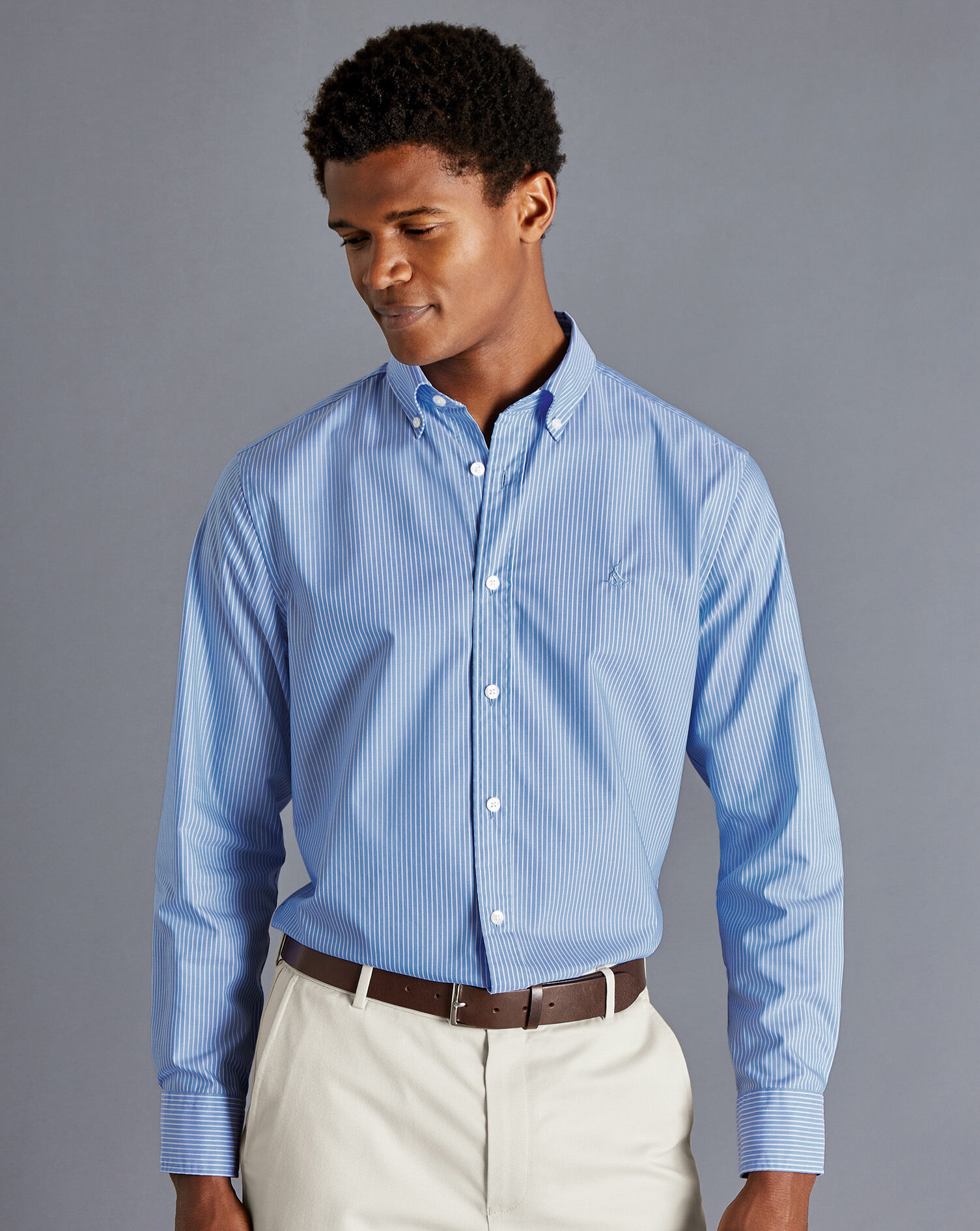 Charles Tyrwhitt Button-Down Collar Non-Iron Stretch Stripe Shirt - Cornflower Blue