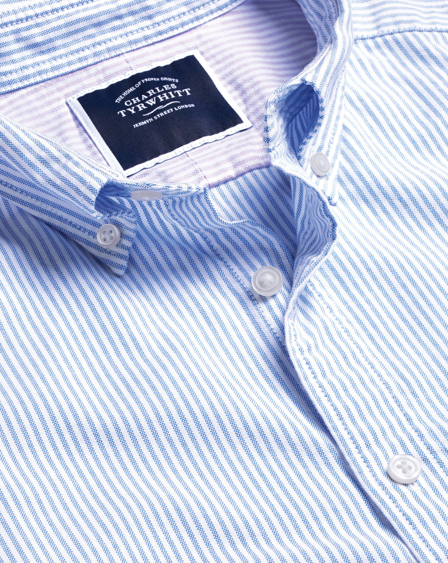 Charles Tyrwhitt Button-Down Collar Washed Oxford Stripe Short Sleeve Shirt - Ocean Blue