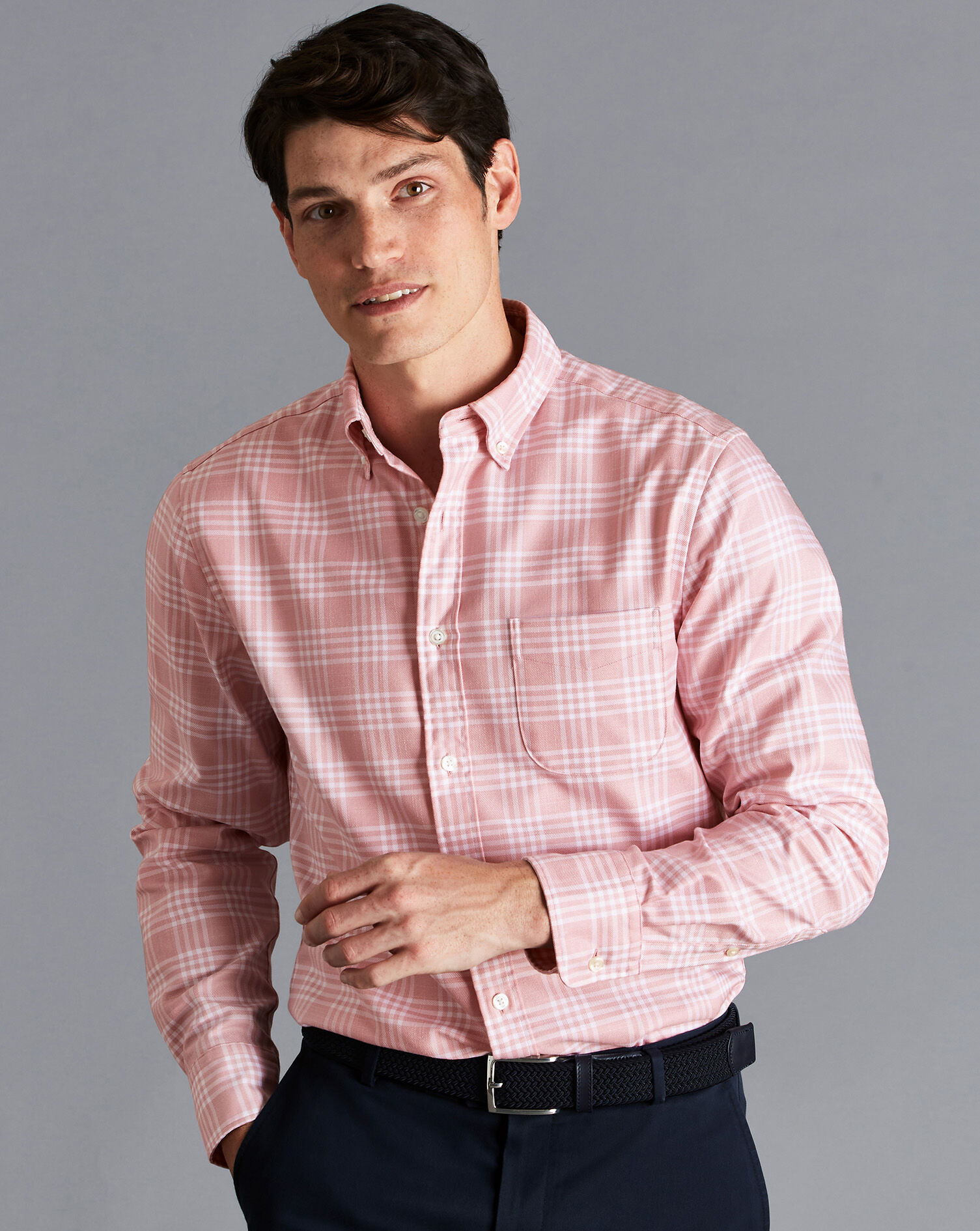 Charles Tyrwhitt Button-Down Collar Non-Iron Twill Windowpane Check Shirt - Light Coral