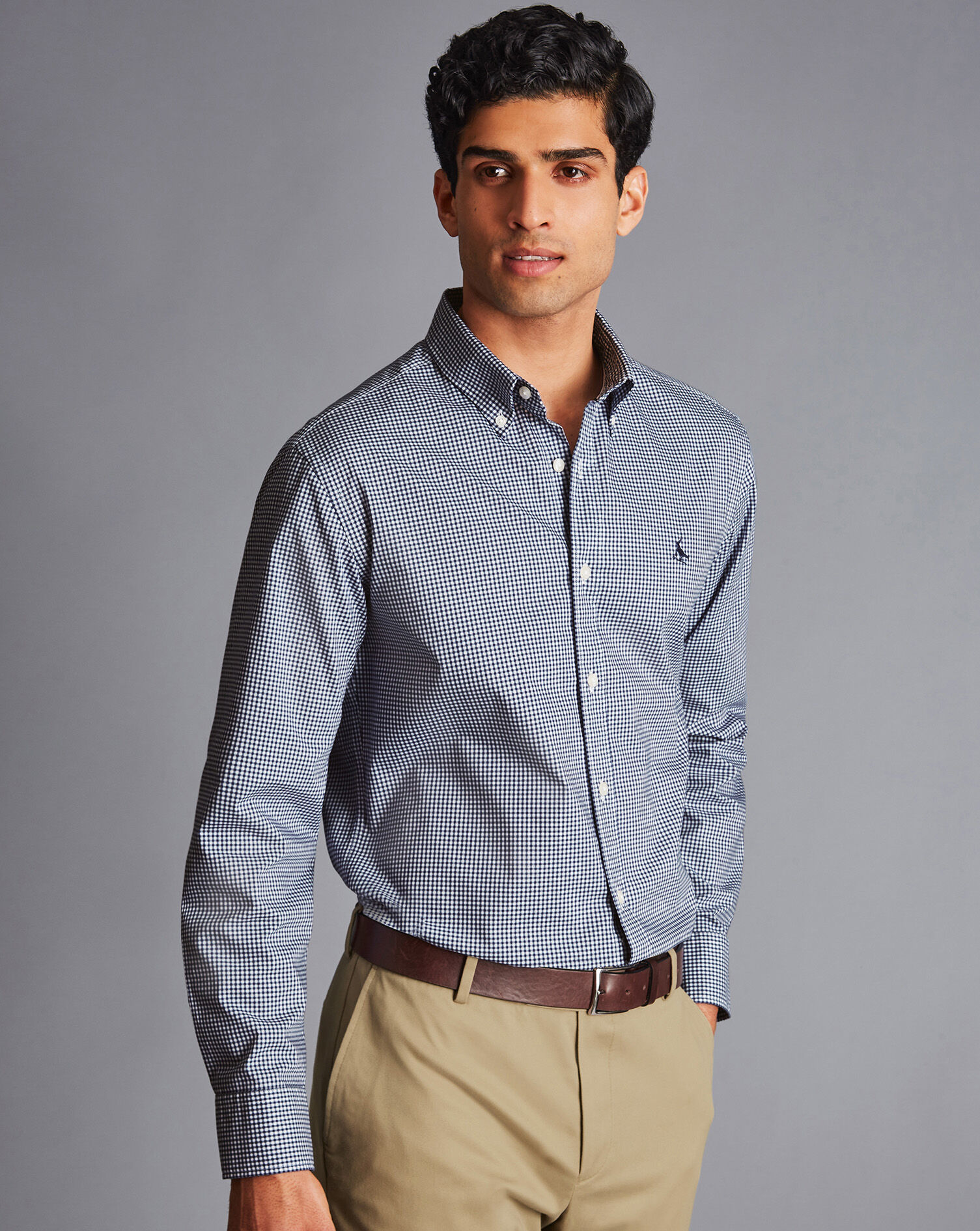 Charles Tyrwhitt Button-Down Collar Non-Iron Stretch Poplin Mini Gingham Shirt - French Blue