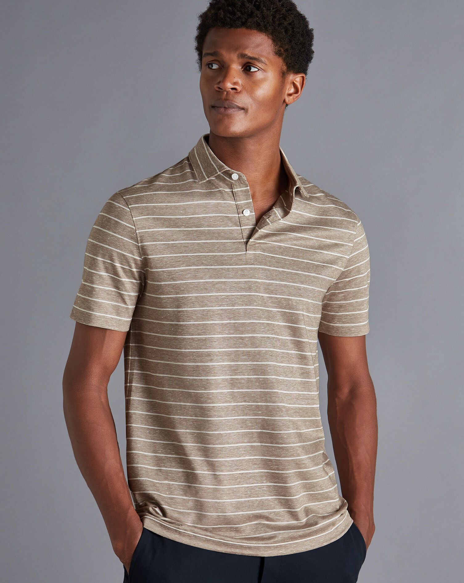 Charles Tyrwhitt Linen Cotton Stripe Polo - Mocha