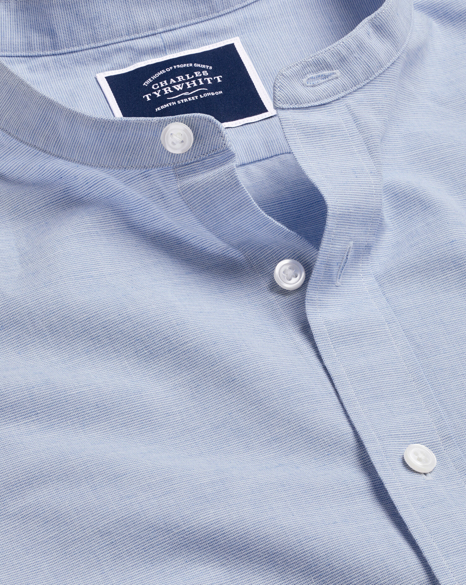 Charles Tyrwhitt Collarless Cotton Linen Shirt - Ocean Blue
