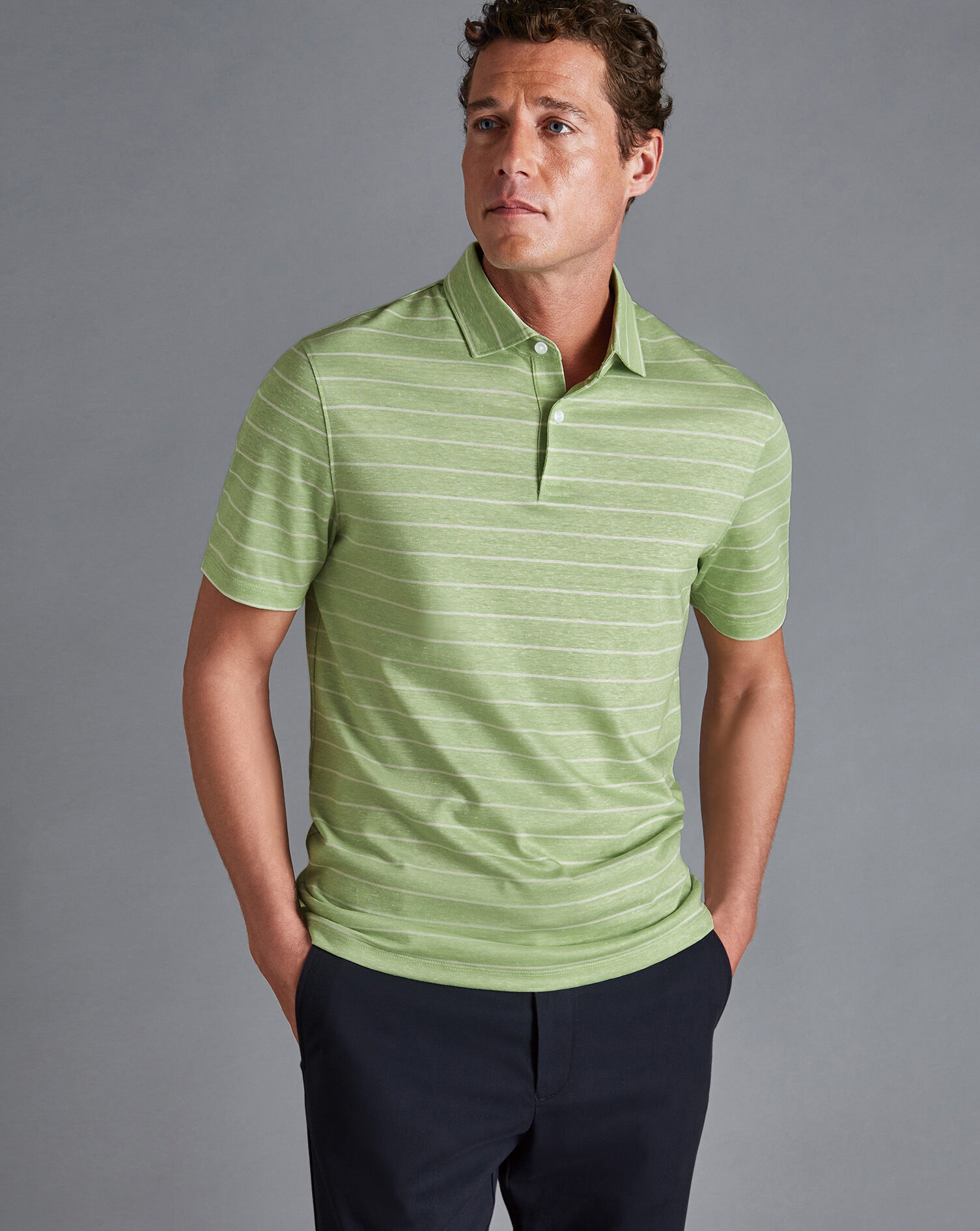 Charles Tyrwhitt Linen Cotton Stripe Polo - Green