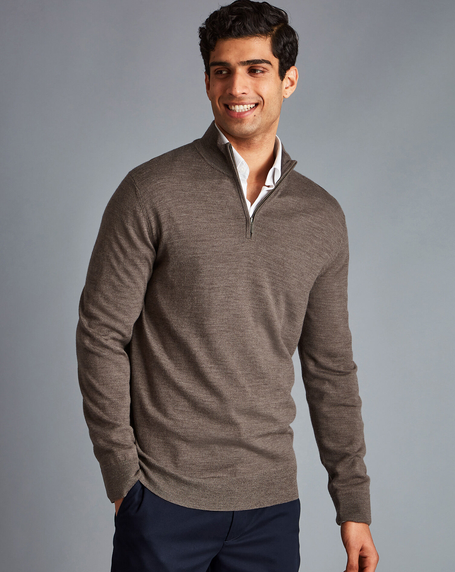 Charles Tyrwhitt Merino Zip Neck Sweater - Mocha
