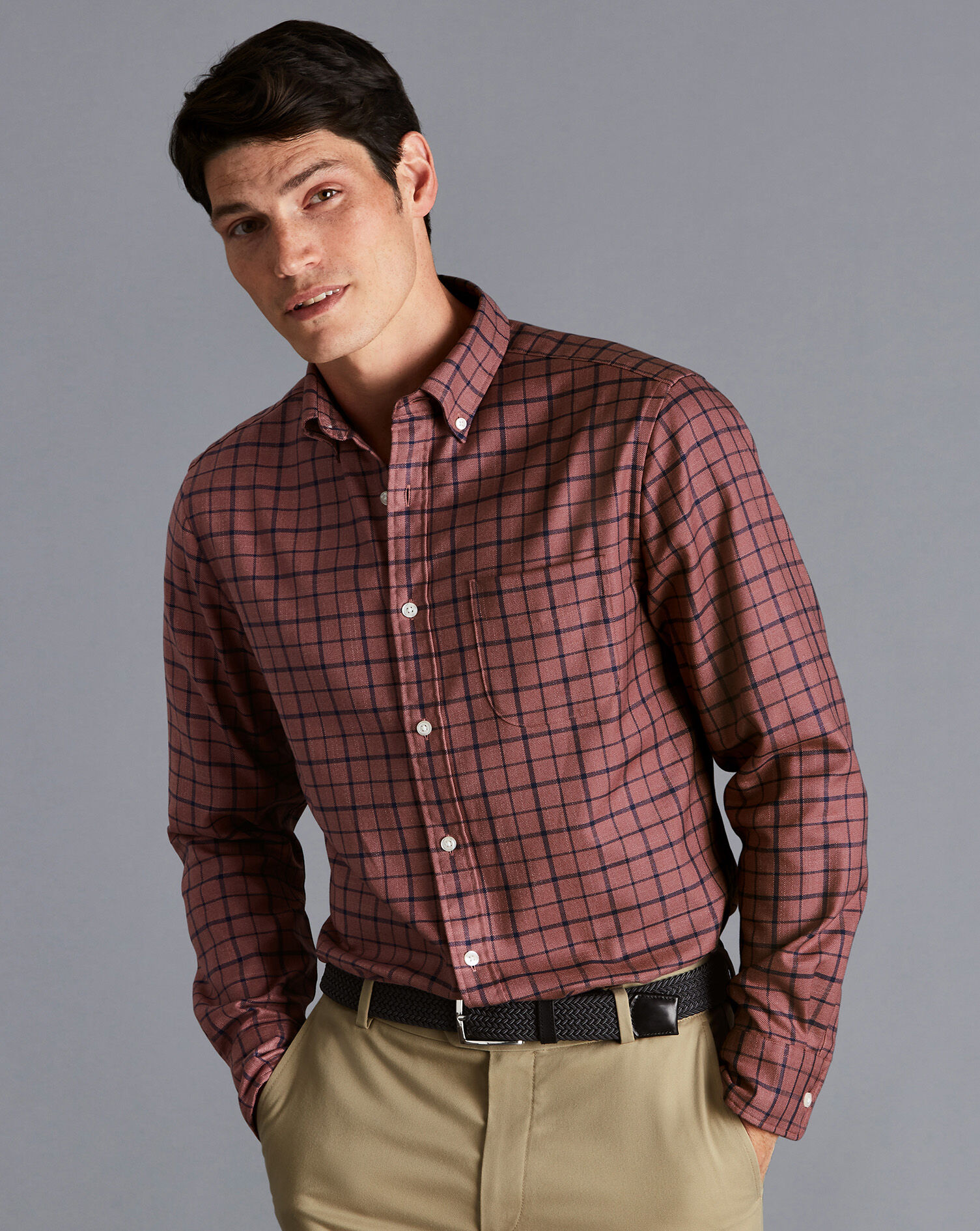 Charles Tyrwhitt Button-Down Collar Non-Iron Twill Check Shirt - Dark Pink