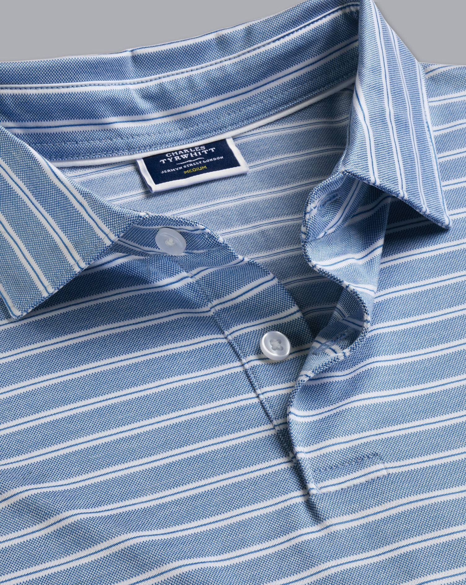 Charles Tyrwhitt Jacquard Stripe Cotton Polo - Ocean Blue