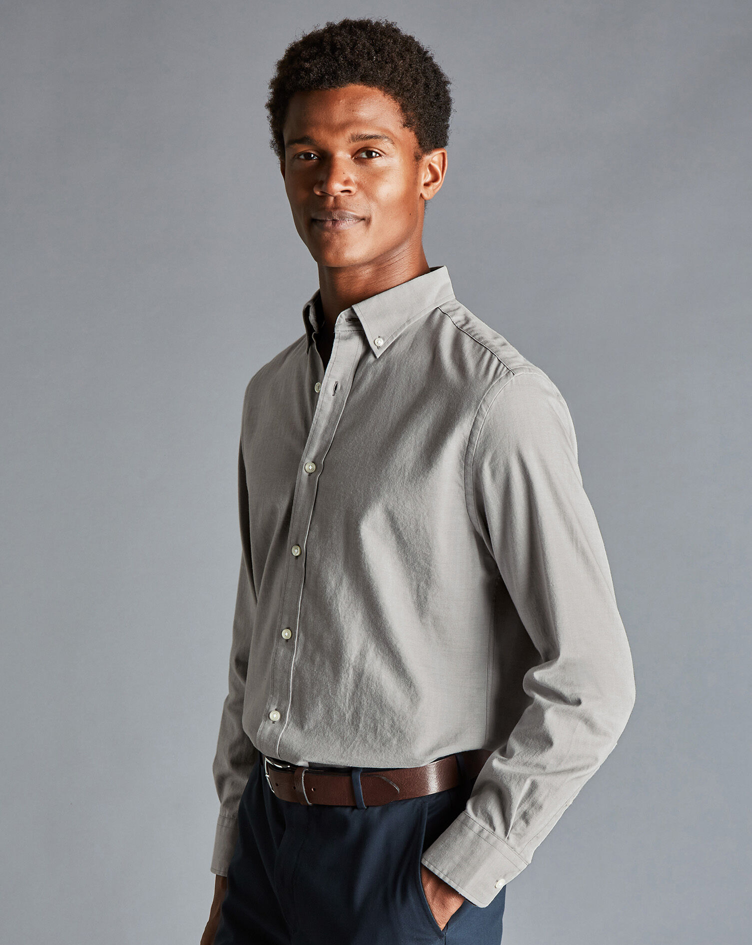 Charles Tyrwhitt Button-Down Collar Chambray Herringbone Shirt - Light Grey