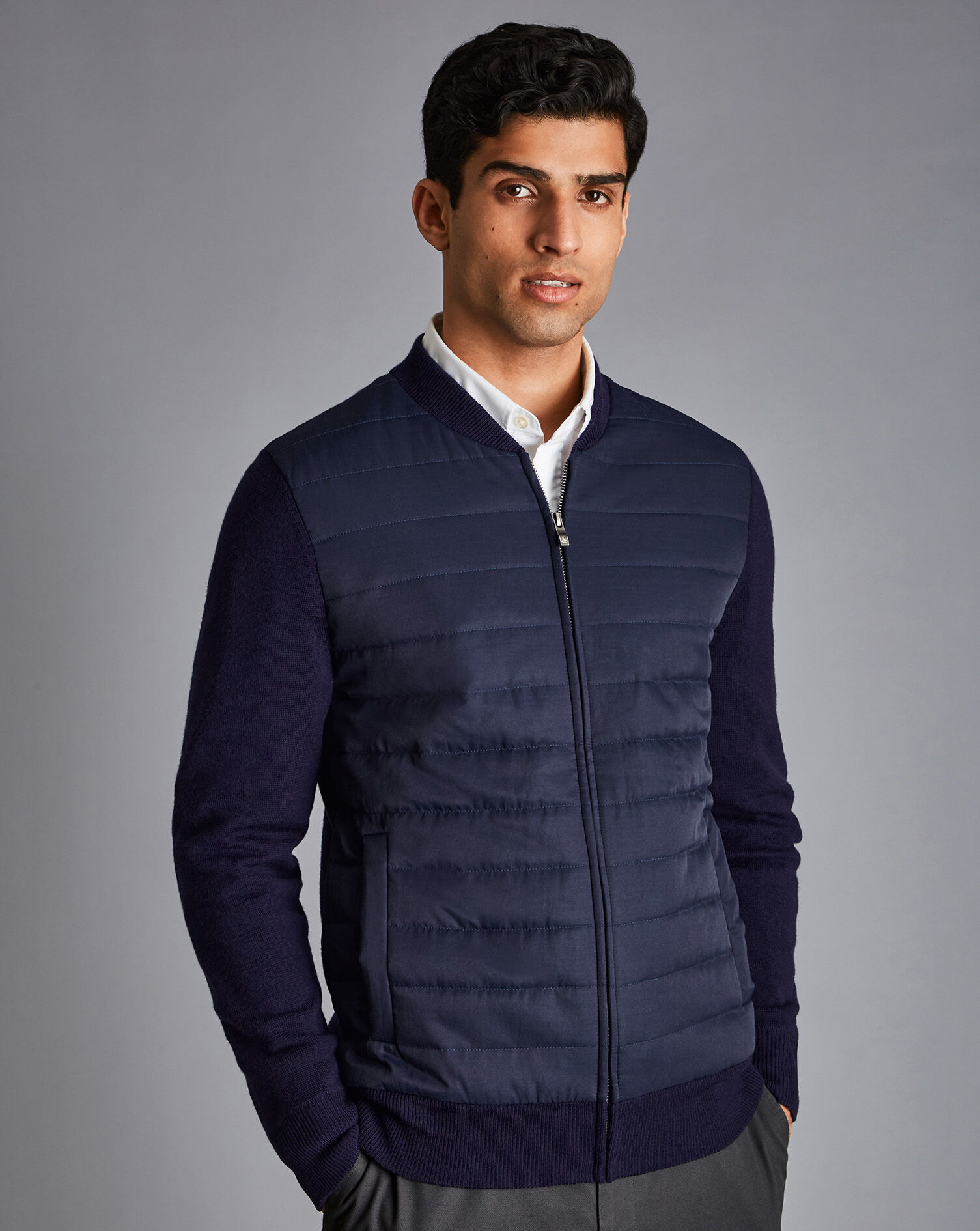 Charles Tyrwhitt Merino Zip Through Hybrid Bomber Jacket - Navy
