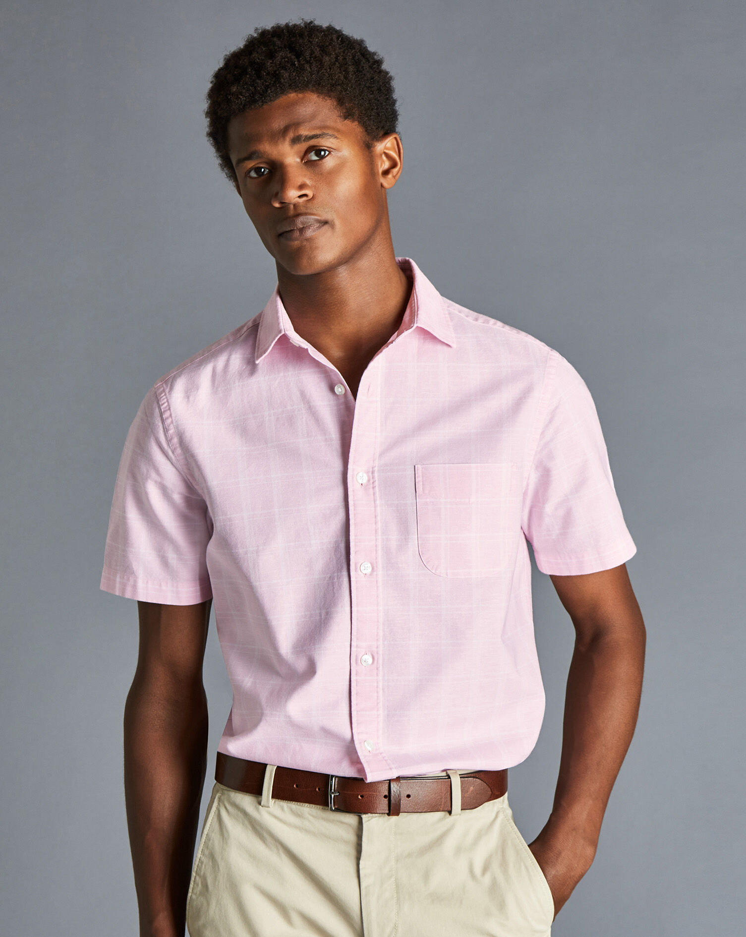 Charles Tyrwhitt Cotton Linen Oxford Check Short Sleeve Shirt - Pink