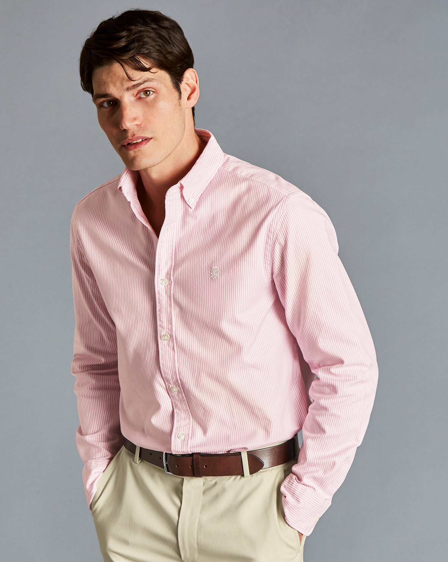 Charles Tyrwhitt England Rugby Button-Down Collar Washed Oxford Bengal Stripe Shirt - Pink