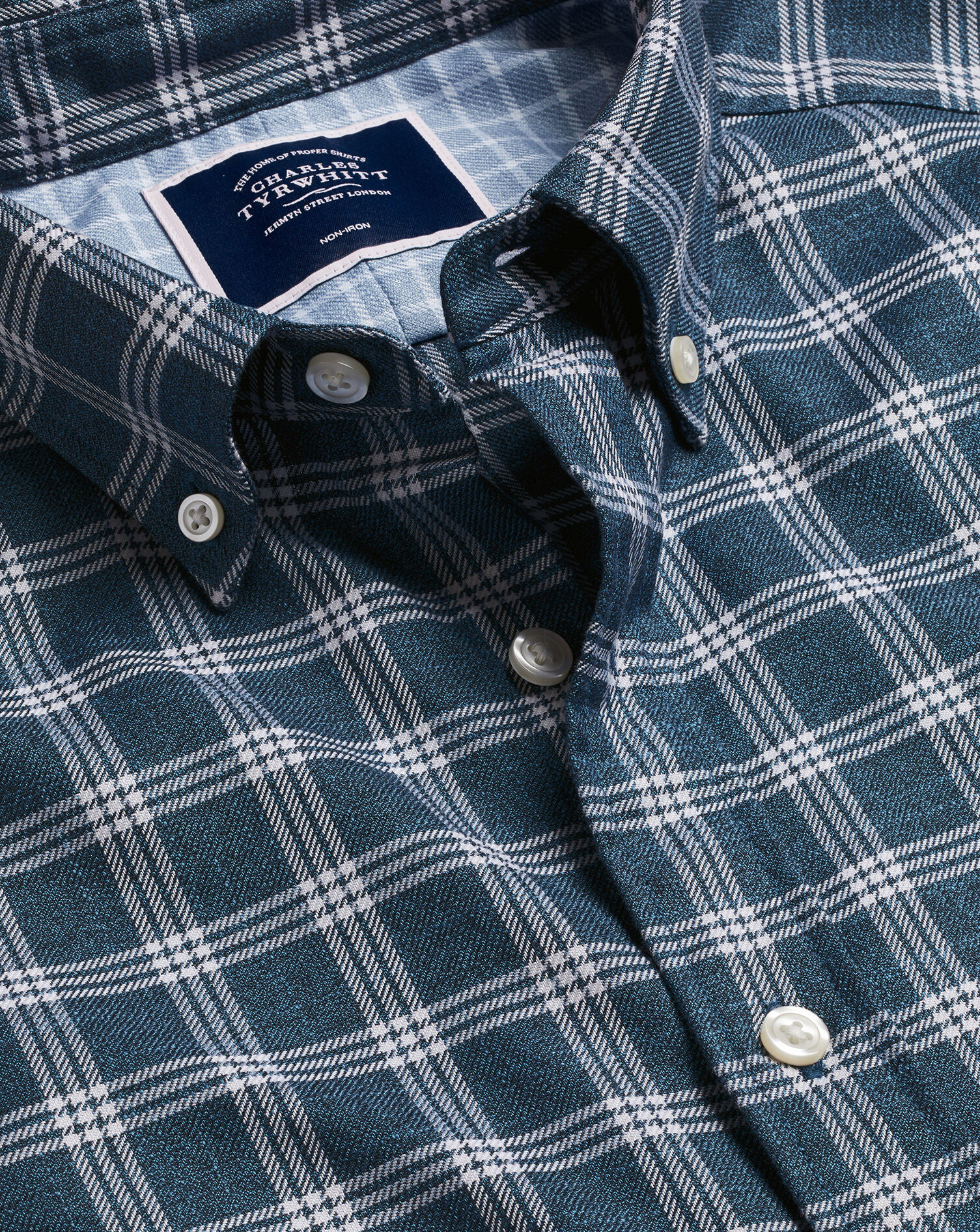 Charles Tyrwhitt Button-Down Collar Non-Iron Twill Windowpane Check Shirt - Petrol Blue