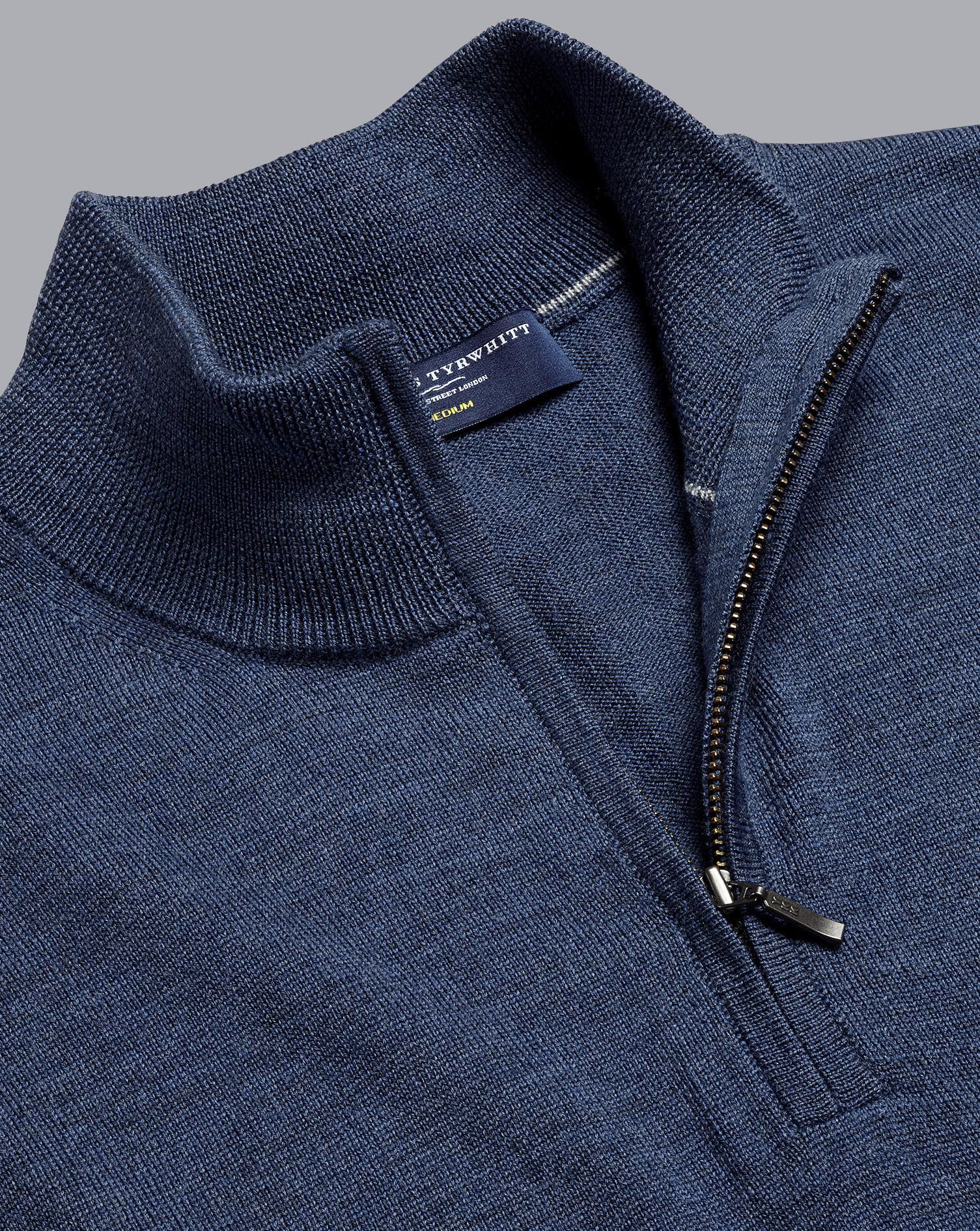 Charles Tyrwhitt Merino Zip Neck Sweater - Indigo Melange