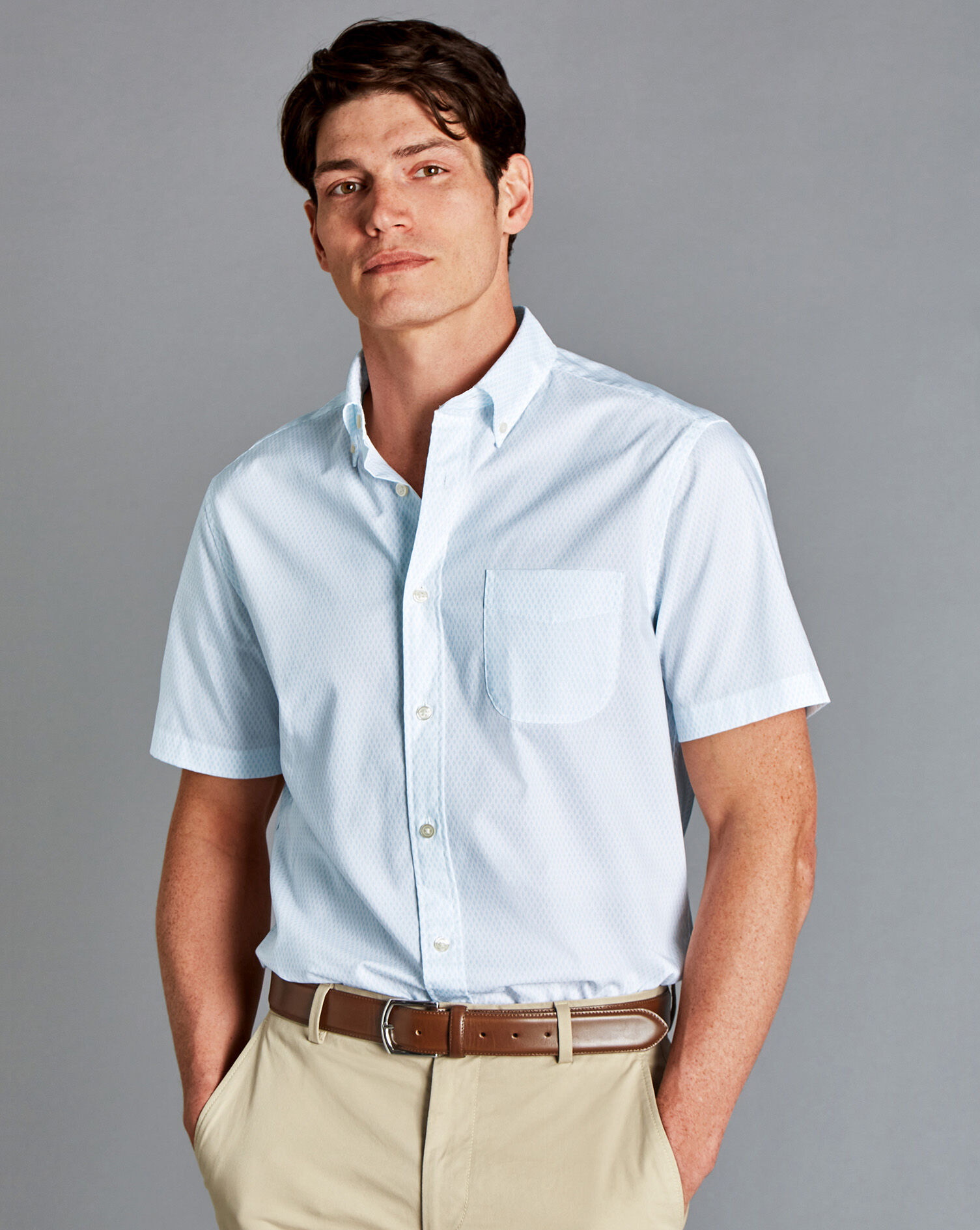 Charles Tyrwhitt Button-Down Collar Non-Iron Stretch Geo Print Short Sleeve Shirt - Light Blue