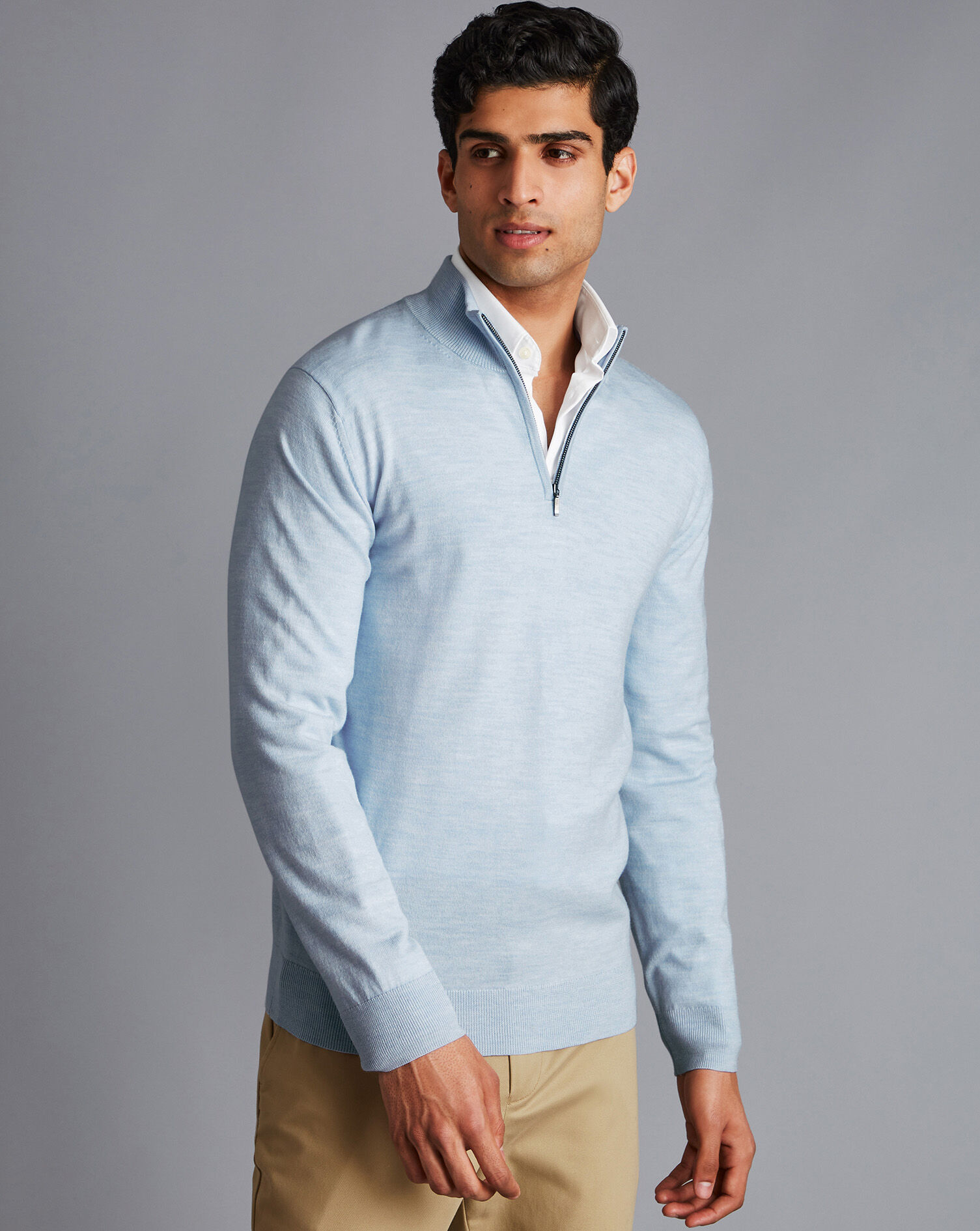 Charles Tyrwhitt Merino Zip Neck Sweater - Light Blue