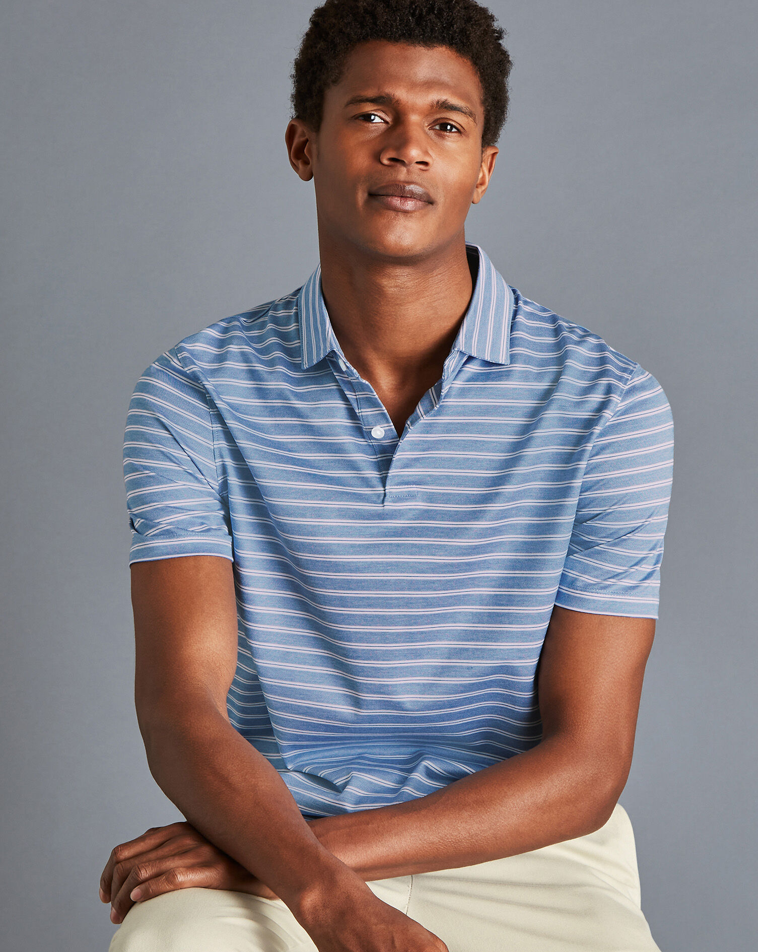 Charles Tyrwhitt Jacquard Stripe Cotton Polo - Ocean Blue