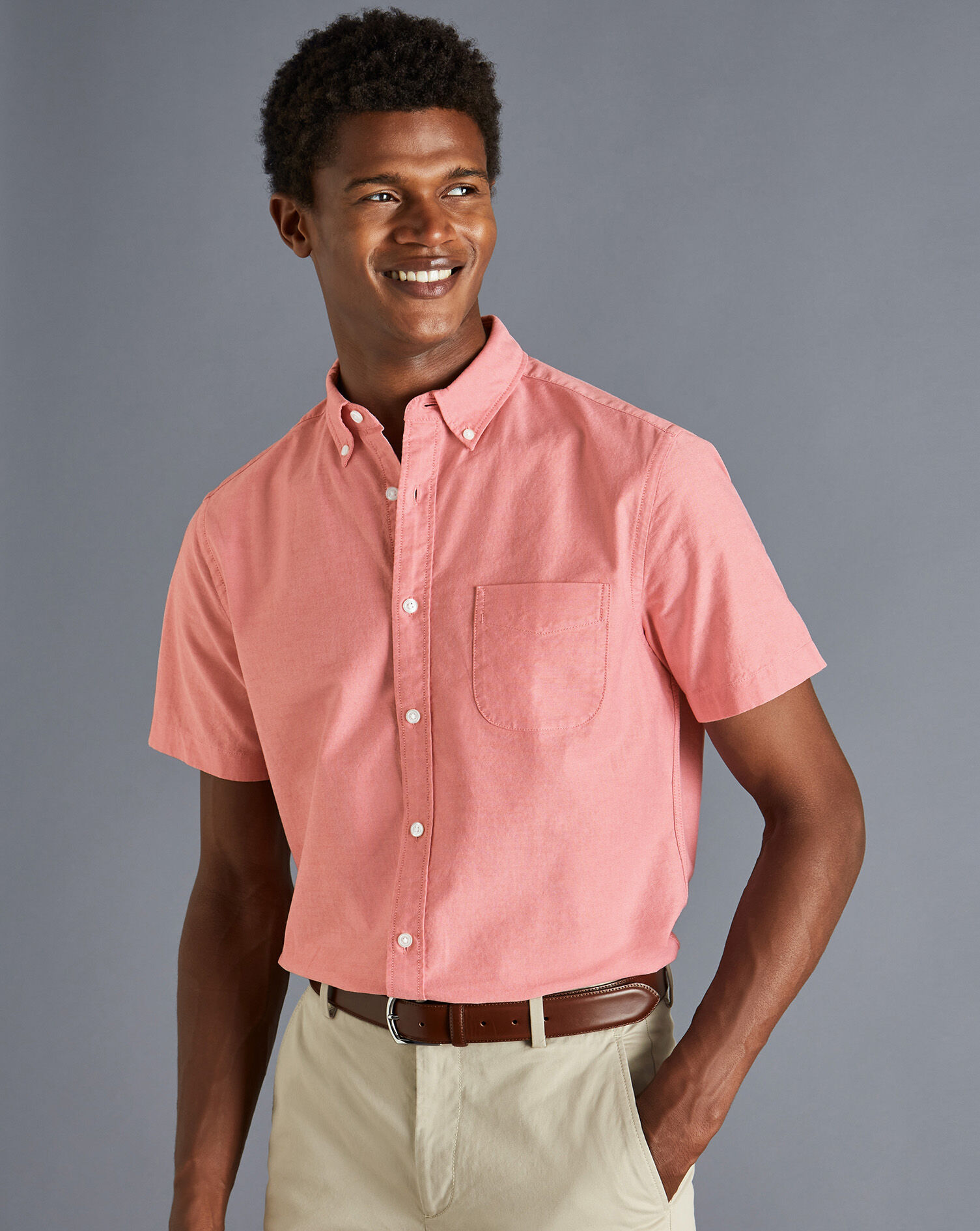 Charles Tyrwhitt Button-Down Collar Washed Oxford Short Sleeve Shirt - Salmon Pink