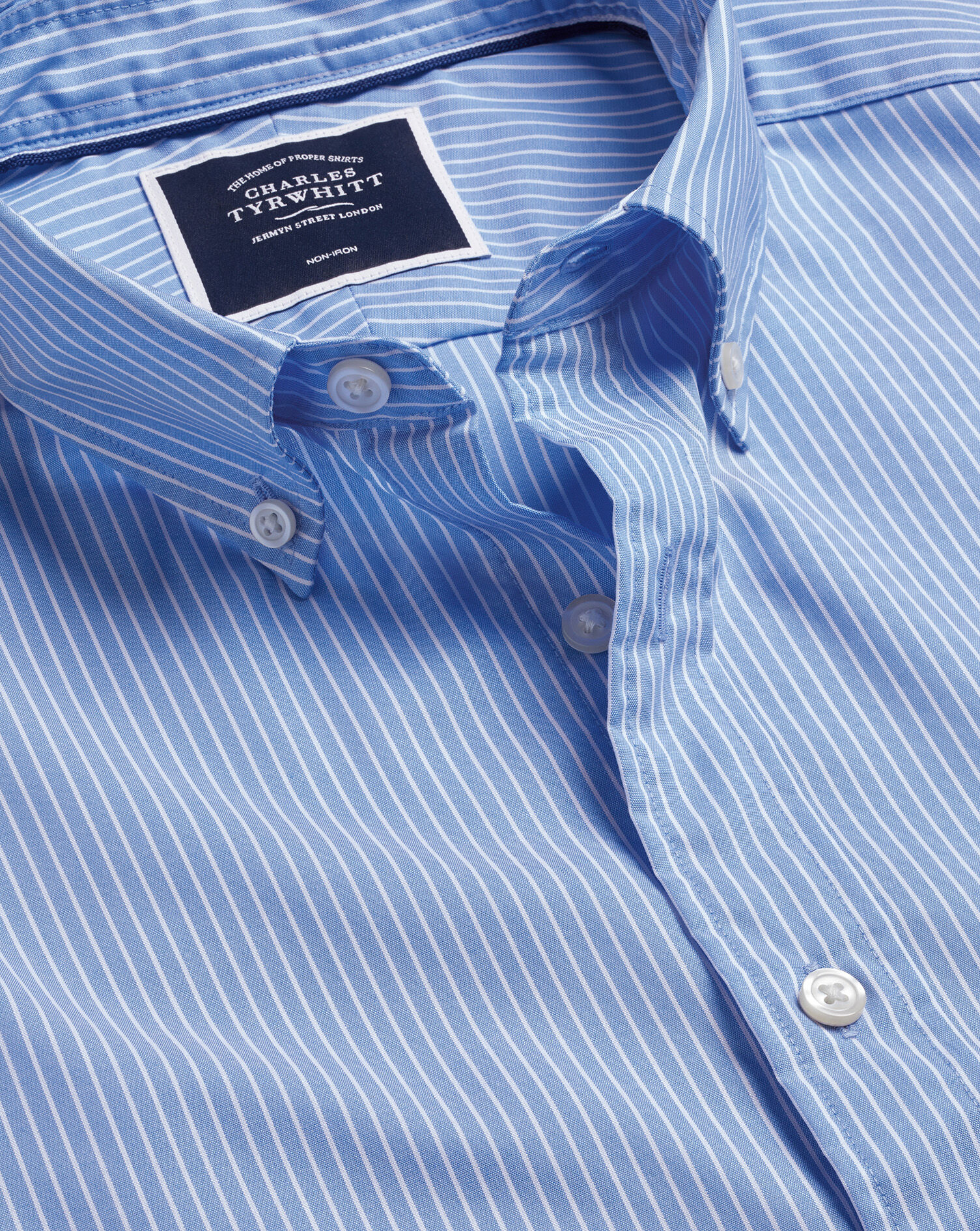 Charles Tyrwhitt Button-Down Collar Non-Iron Stretch Stripe Shirt - Cornflower Blue