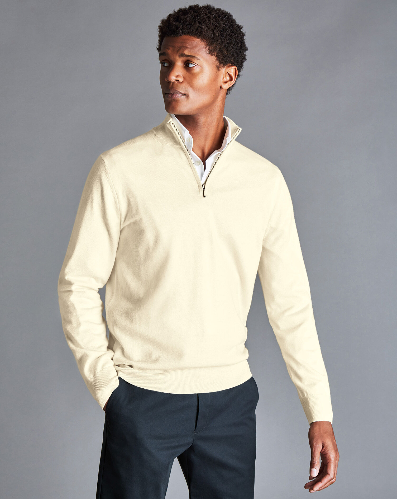 Charles Tyrwhitt Merino Zip Neck Sweater - Cream