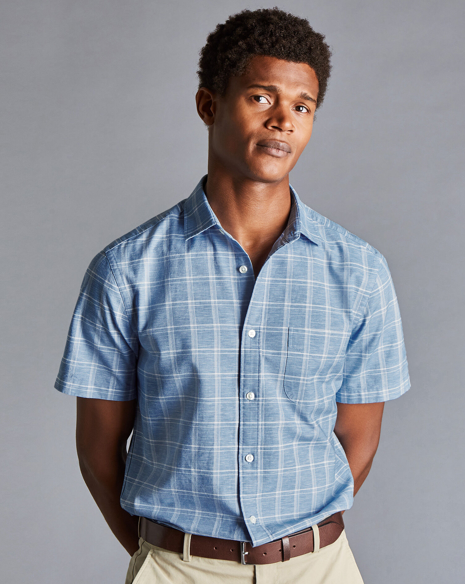 Charles Tyrwhitt Cotton Linen Oxford Check Short Sleeve Shirt - Indigo Blue