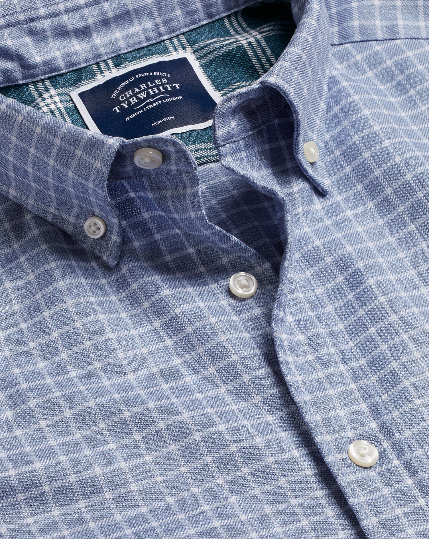 Charles Tyrwhitt Button-Down Collar Non-Iron Twill Check Shirt - Steel Blue