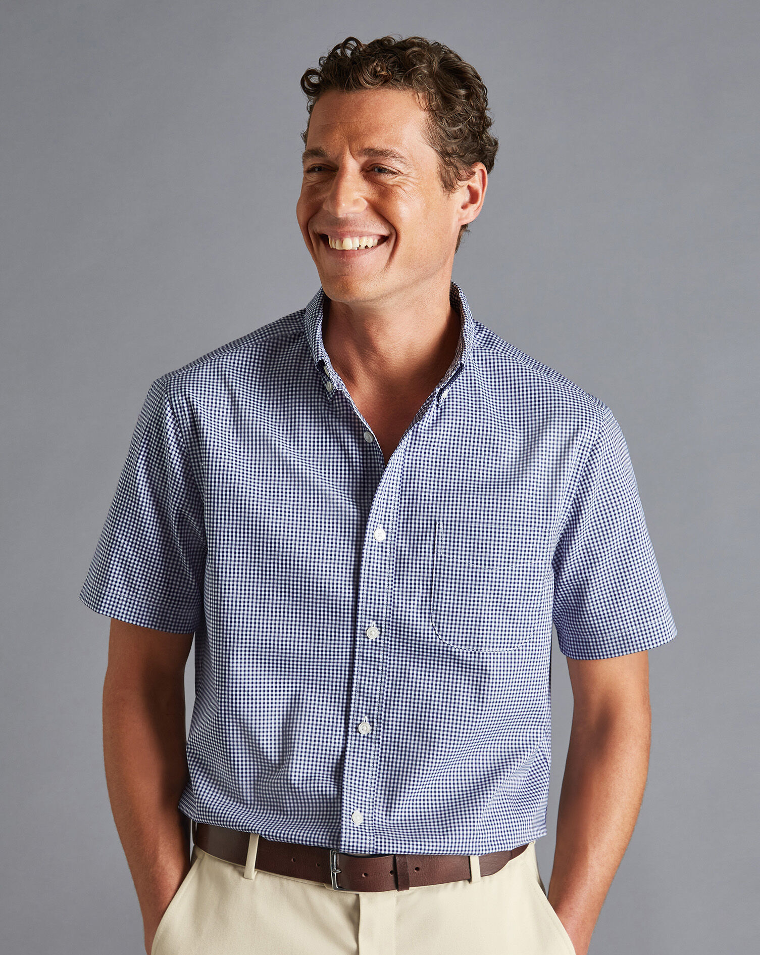 Charles Tyrwhitt Button-Down Collar Non-Iron Stretch Mini Gingham Short Sleeve Shirt - French Blue