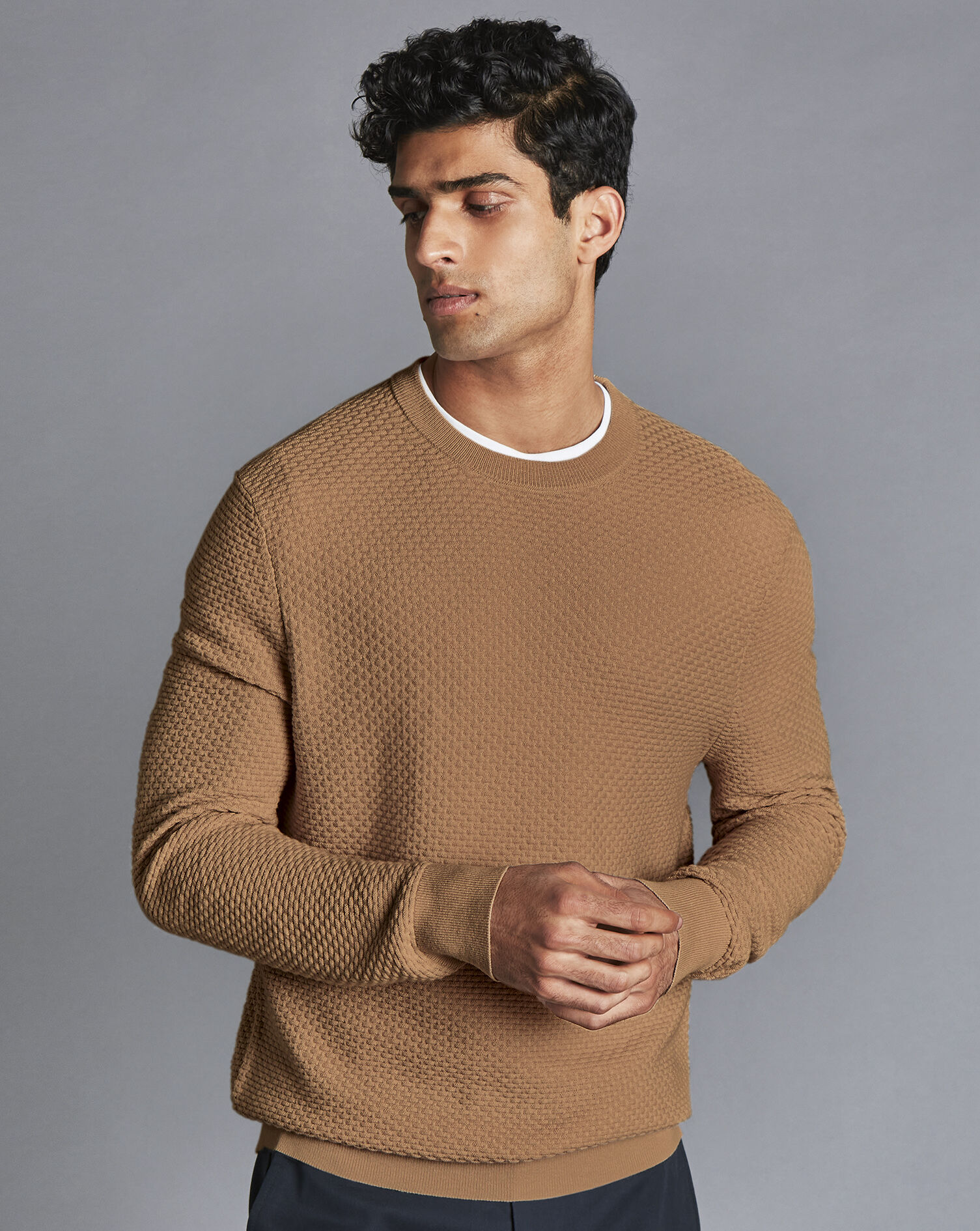 Charles Tyrwhitt Cotton Merino Textured Crew Neck Sweater - Camel