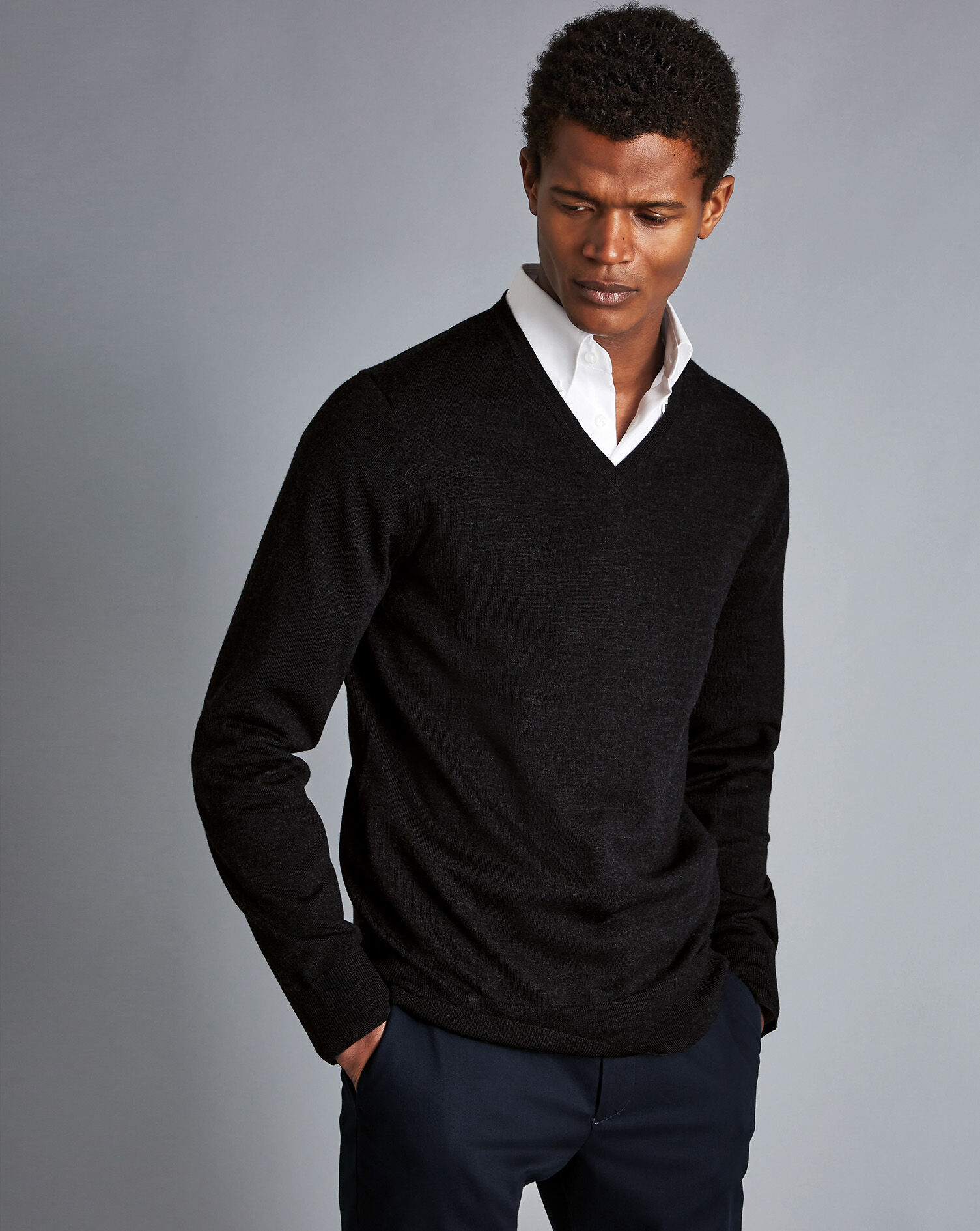 Charles Tyrwhitt Merino V-Neck Sweater - Dark Charcoal