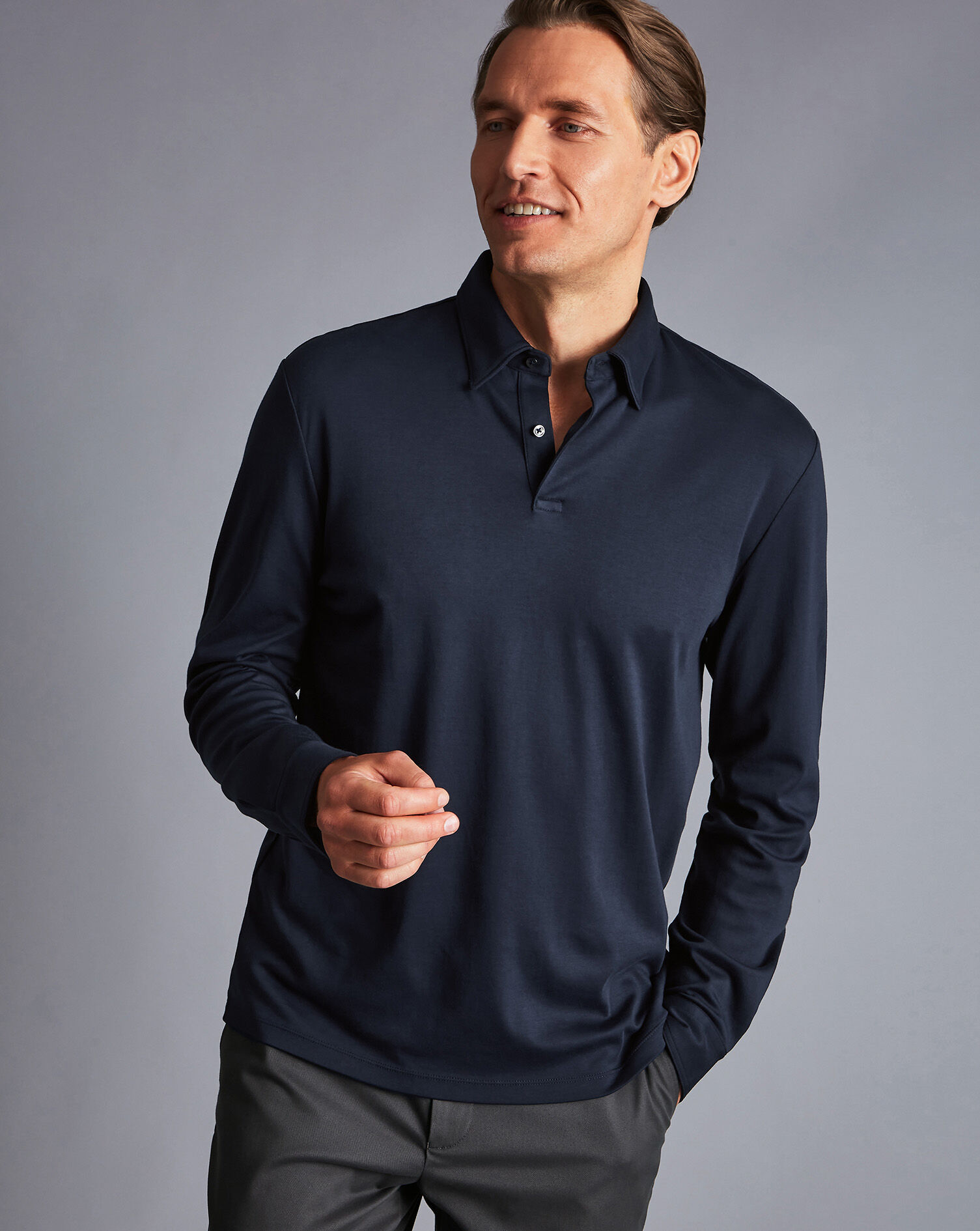 Charles Tyrwhitt Smart Long Sleeve Jersey Polo - Navy