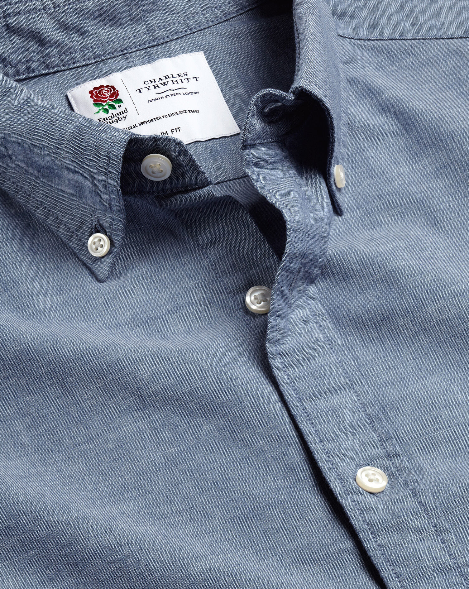 Charles Tyrwhitt England Rugby Button-Down Collar Chambray Shirt - Mid Blue