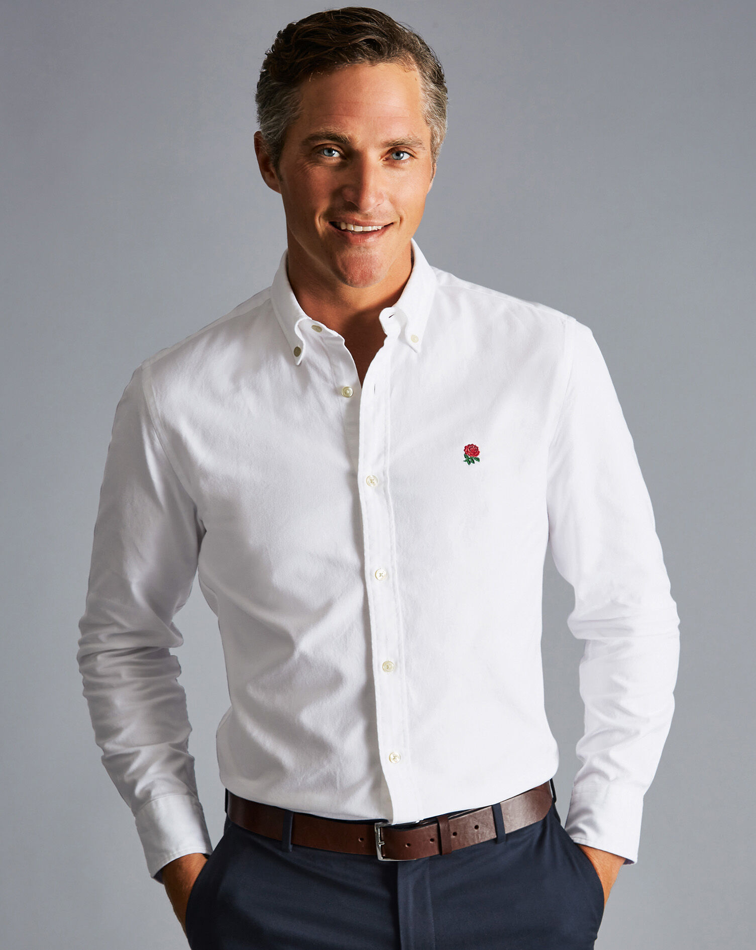 Charles Tyrwhitt England Rugby Button-Down Collar Washed Oxford Shirt with Red Rose - White
