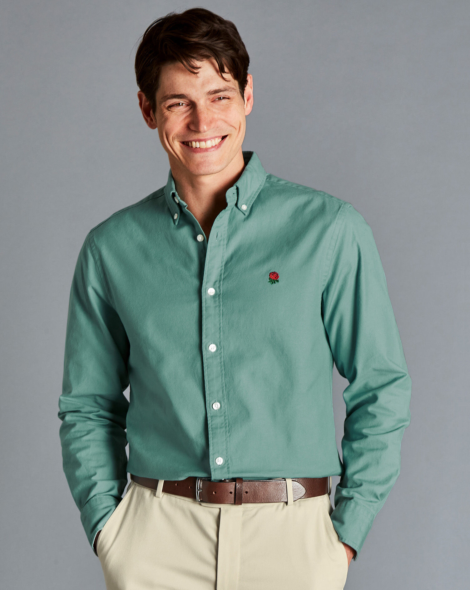 Charles Tyrwhitt England Rugby Button-Down Collar Washed Oxford Shirt - Aqua Green