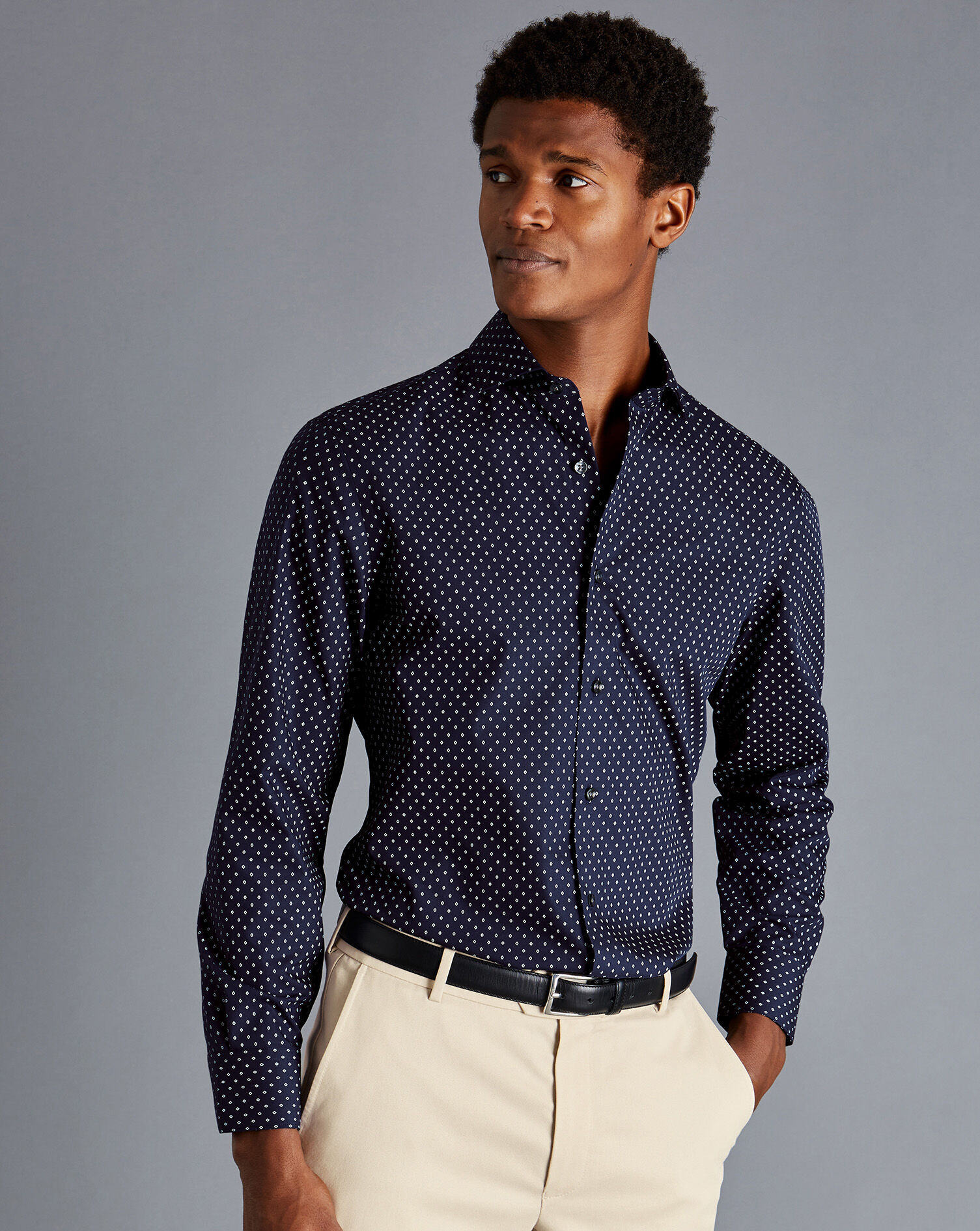 Charles Tyrwhitt Semi-Spread Collar Non-Iron Diamond Print Shirt - French Blue
