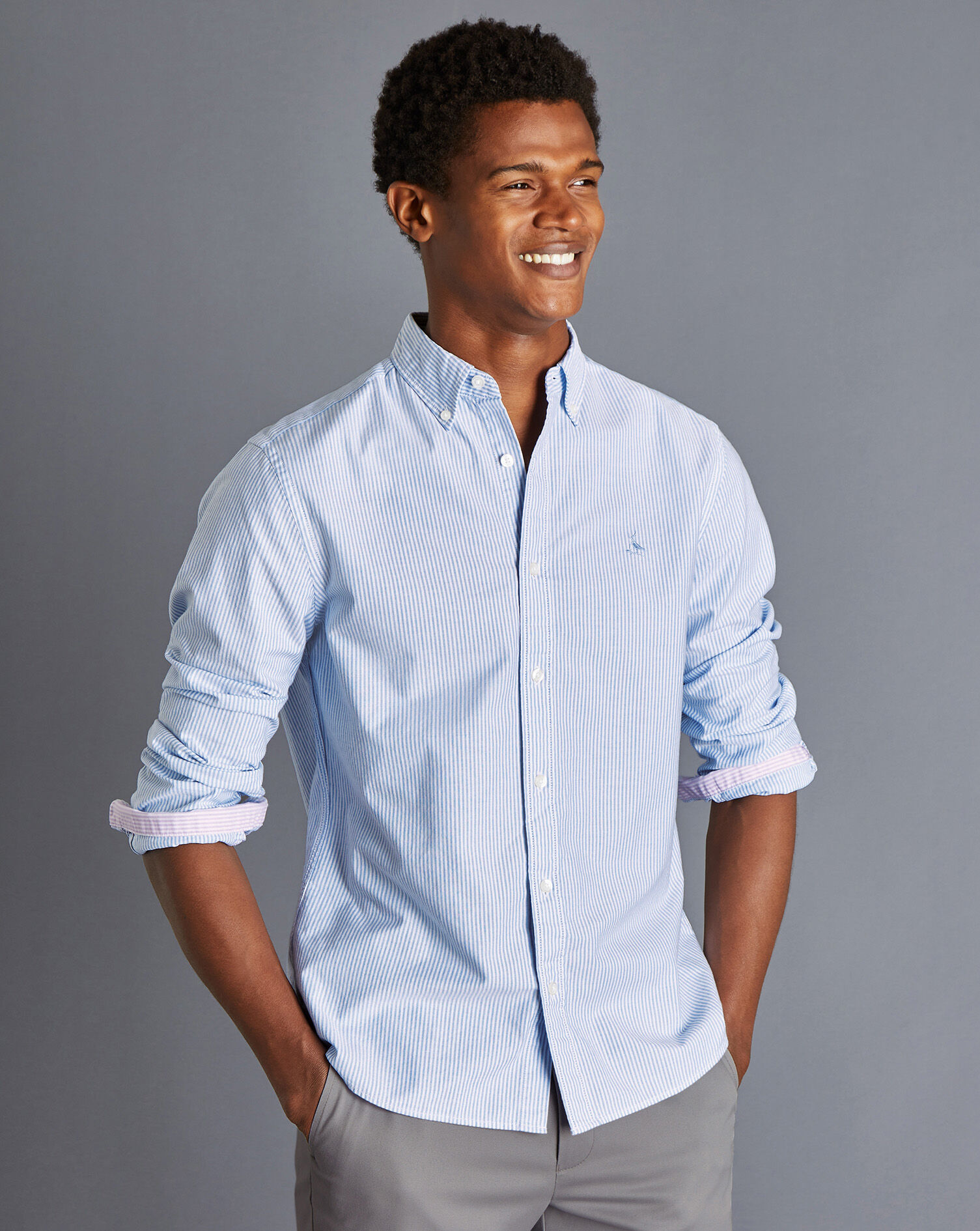 Charles Tyrwhitt Button-Down Collar Washed Oxford Stripe Shirt - Ocean Blue