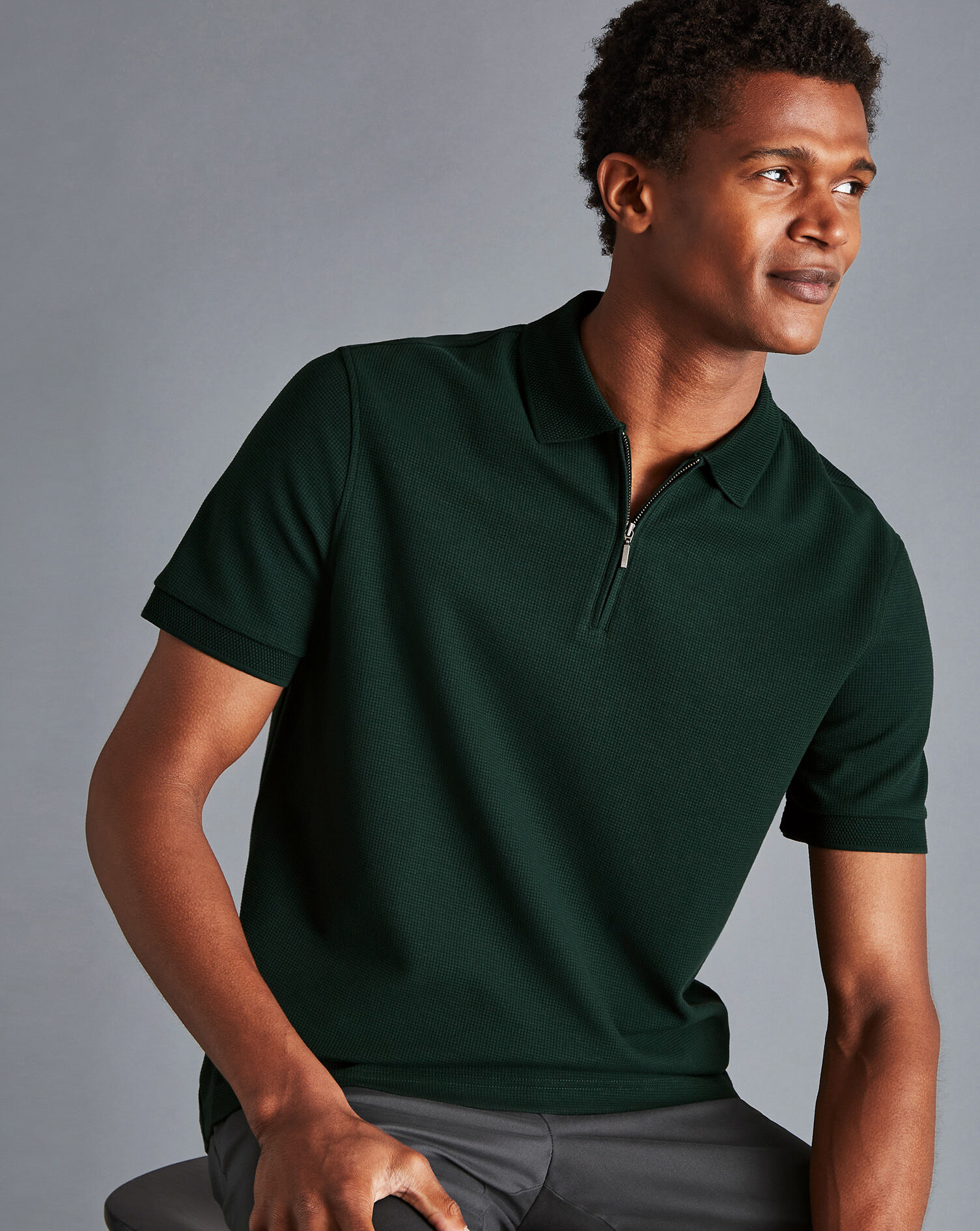 Charles Tyrwhitt Tyrwhitt Cool Waffle Zip-Neck Polo - Forest Green