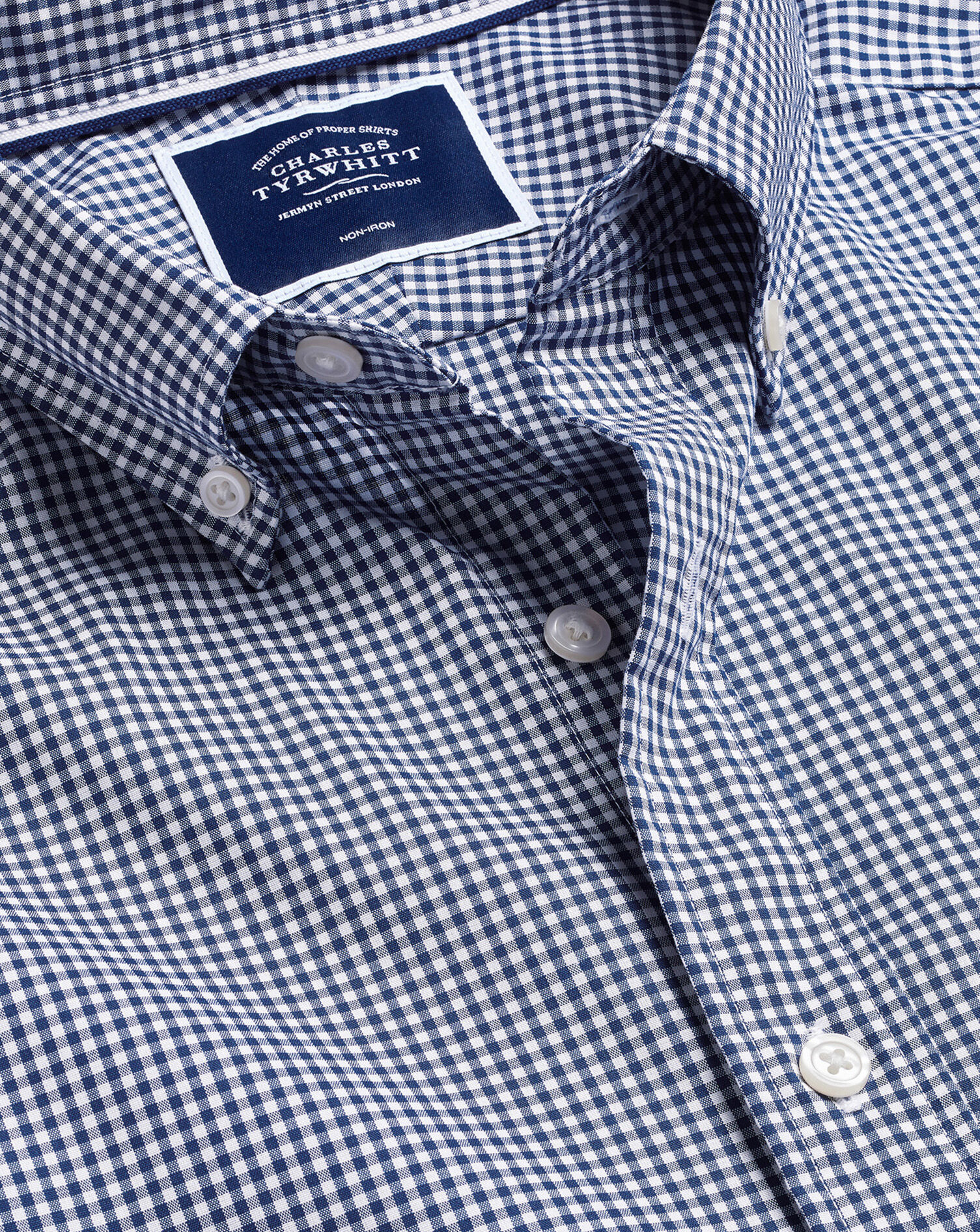 Charles Tyrwhitt Button-Down Collar Non-Iron Stretch Mini Gingham Short Sleeve Shirt - French Blue