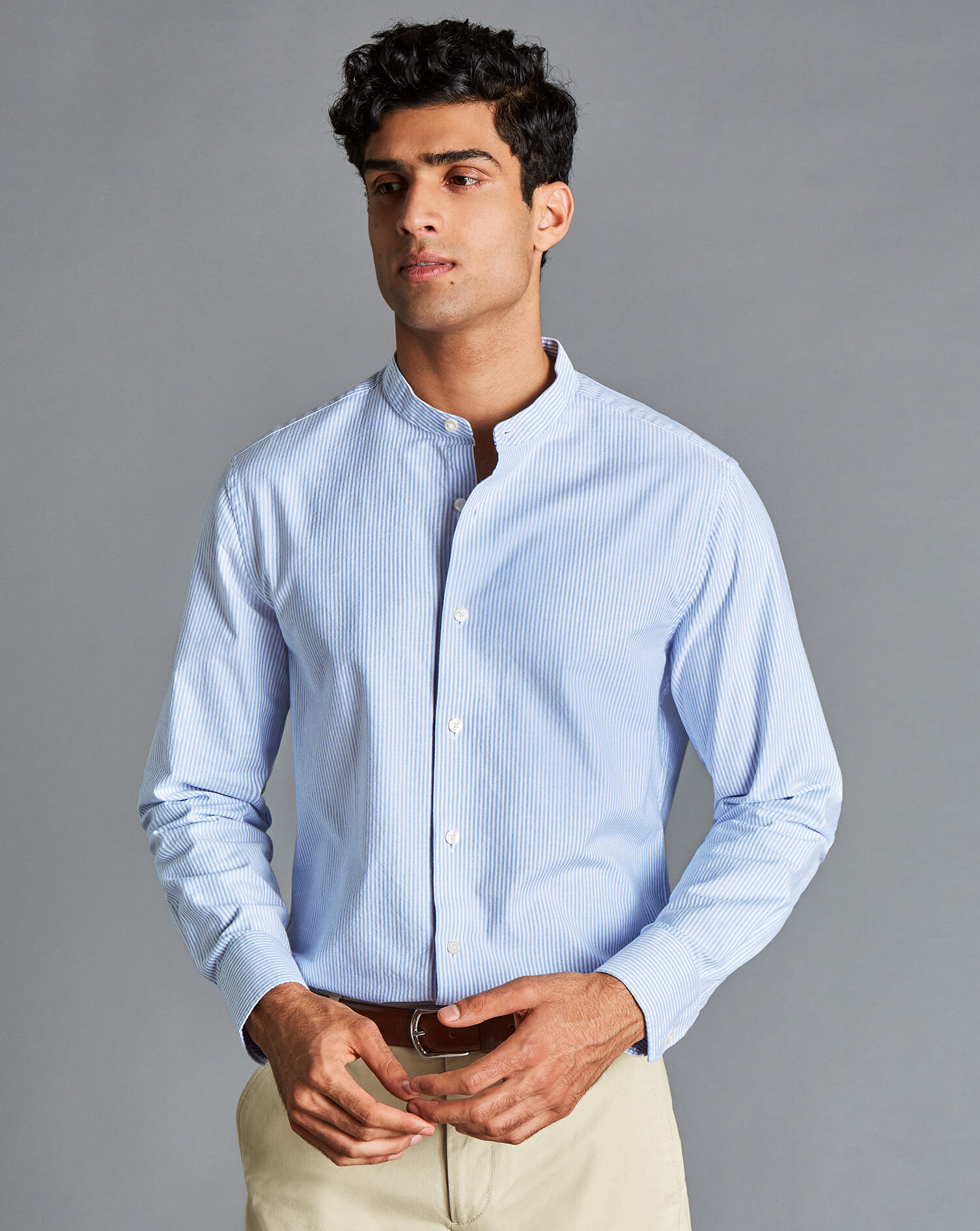 Charles Tyrwhitt Collarless Stretch Washed Oxford Stripe Shirt - Ocean Blue