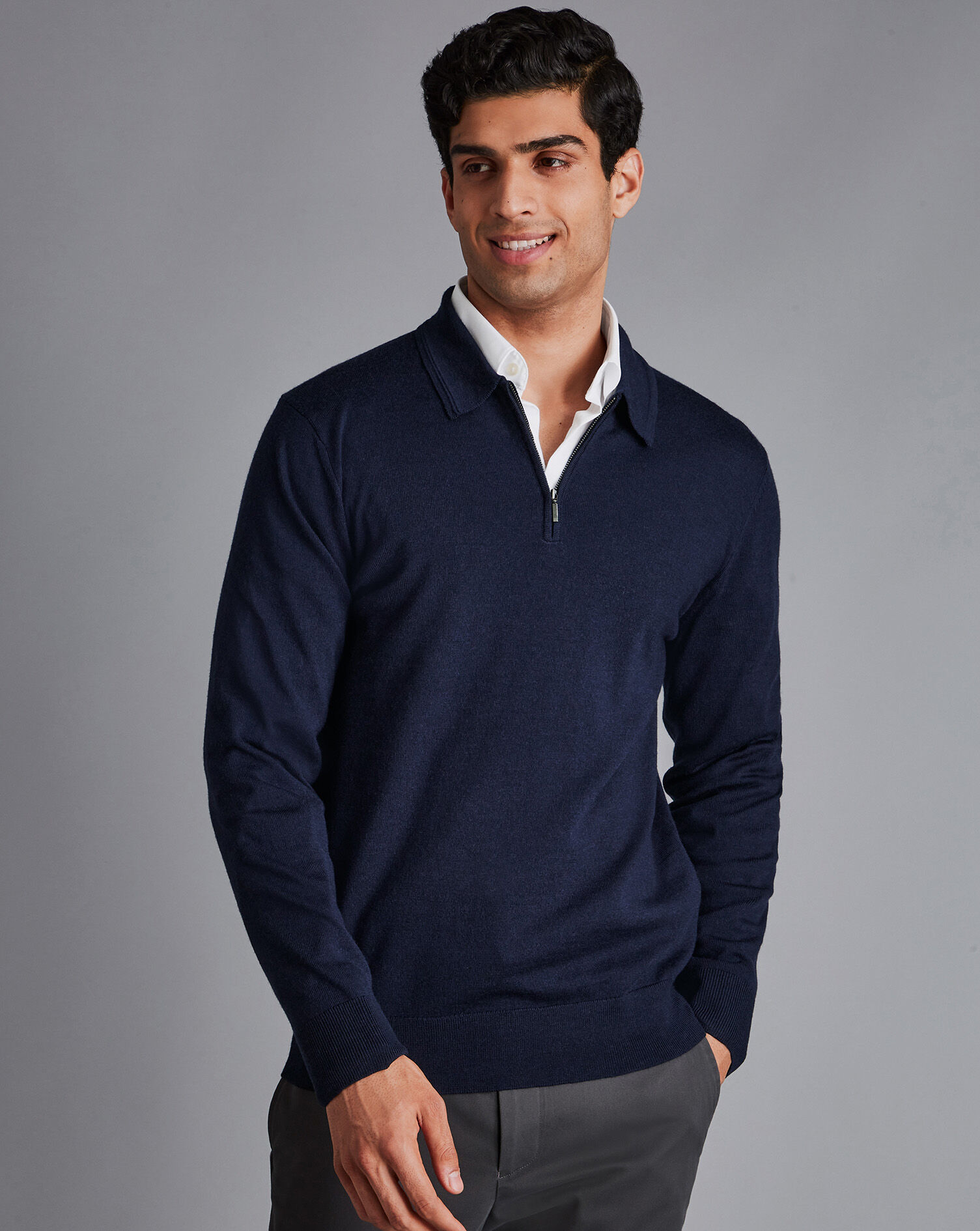 Charles Tyrwhitt Merino Zip Neck Polo Shirt - Navy