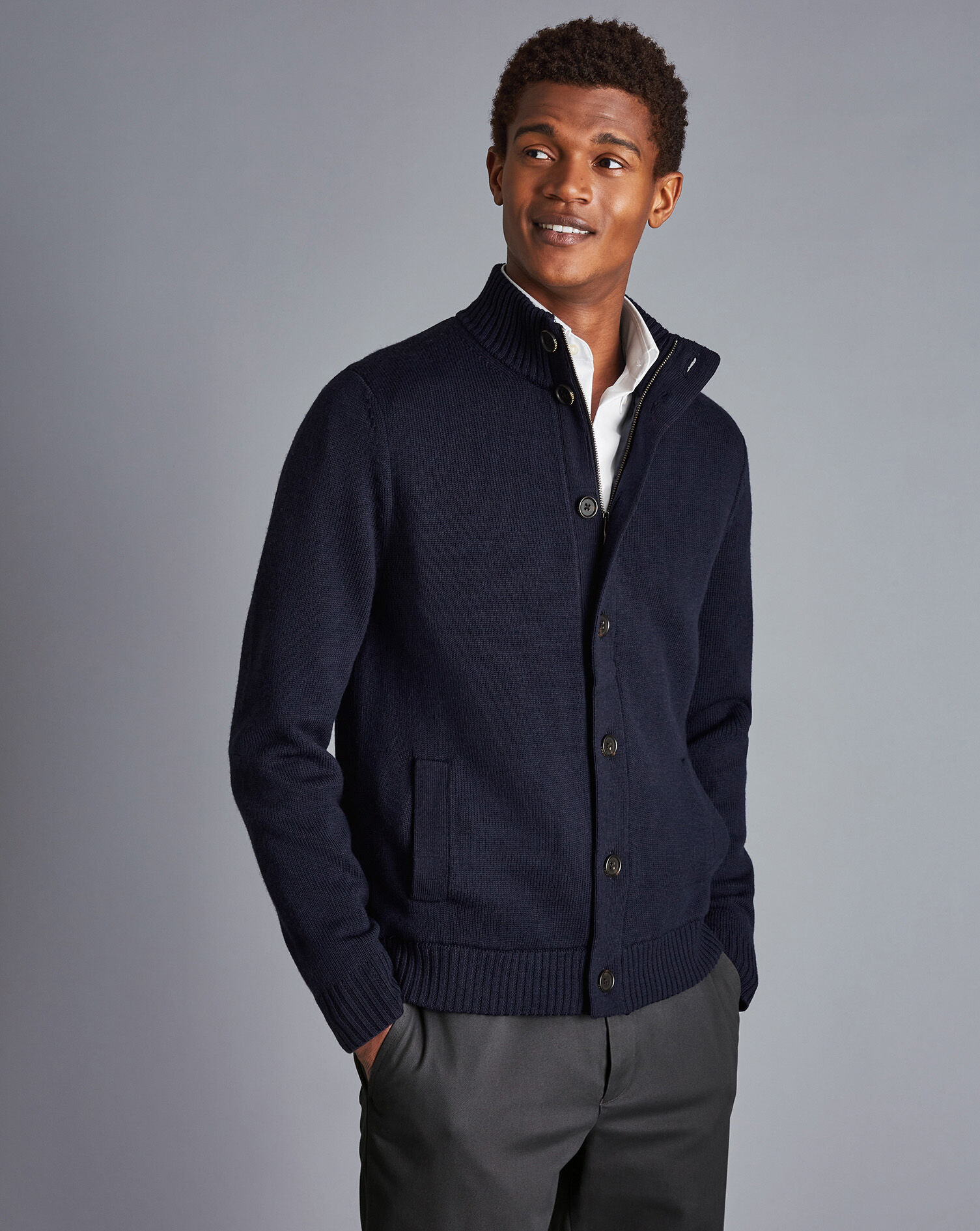 Charles Tyrwhitt Merino Funnel Neck Jacket - Navy